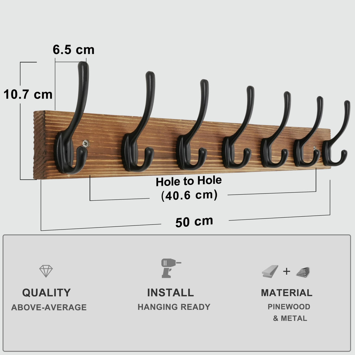 HONSKY Wall Coat Rack with 8 Double Hooks,Wooden Coat and Towel Hanger Storage for Entryway, Bathroom, Bedroom, Garage,Brown Base/Black Hook,(2 Pack)