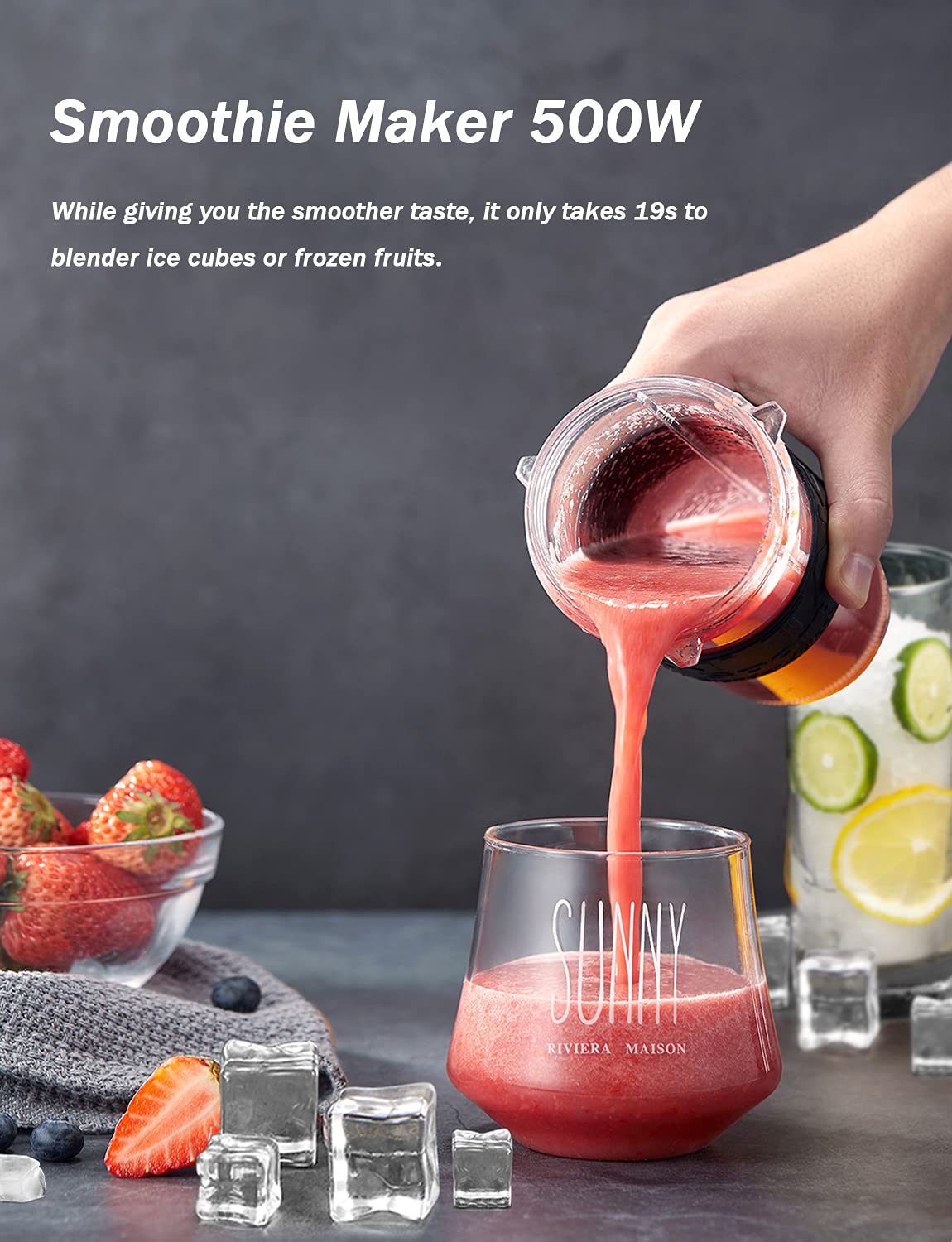 Blender Smoothie Makers 500W, 2 in 1 Multifunctional Personal Blender Mixer with 2x600ml Portable Bottles for Ice, Fruit, Vegetable, and 200ml