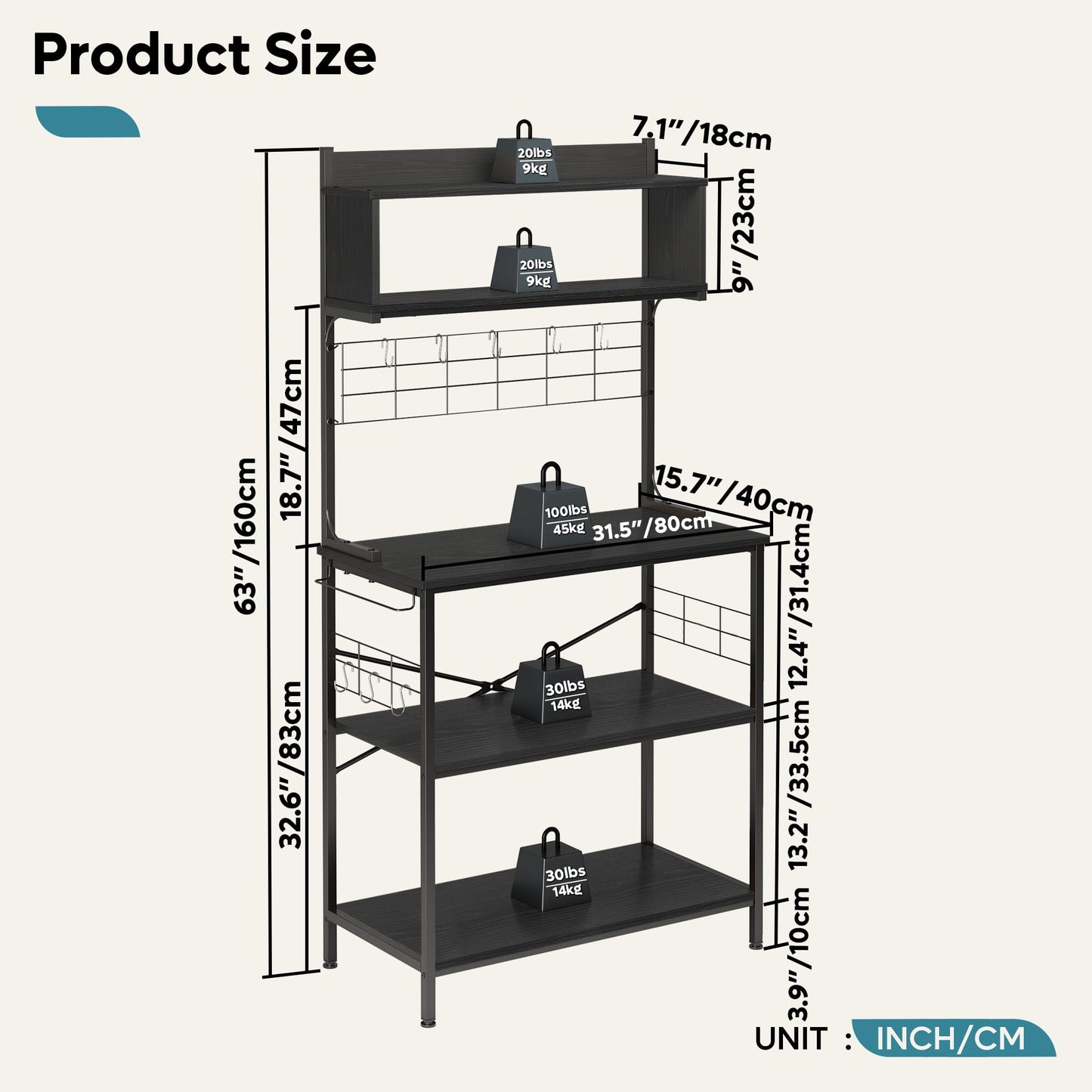 Bestier 80cm Bread Rack & Microwave Rack with 4 Shelves, Multi-functional Coffee Bar Shelf, 8 Side Hooks, Open Shelf Suitable for Kitchens