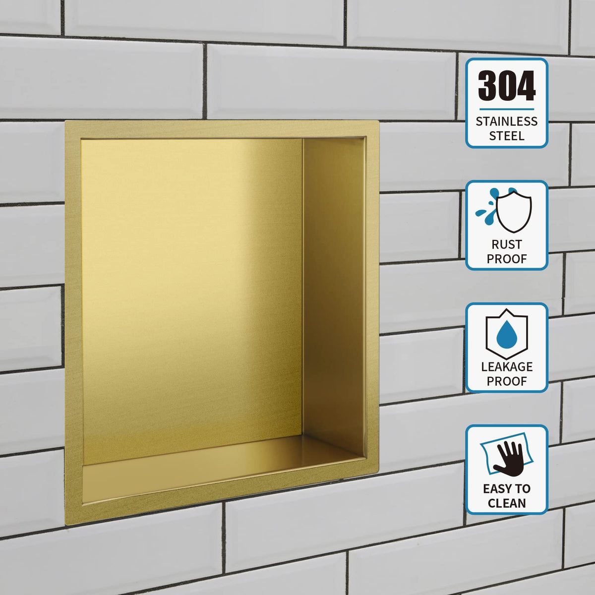 Sanbege 12"×12" Shower Niche Brushed Stainless Steel, Recessed Shower Caddy, Bathroom Shelf Insert Fits for 11"x11" Wall Hole Installation (Gold)
