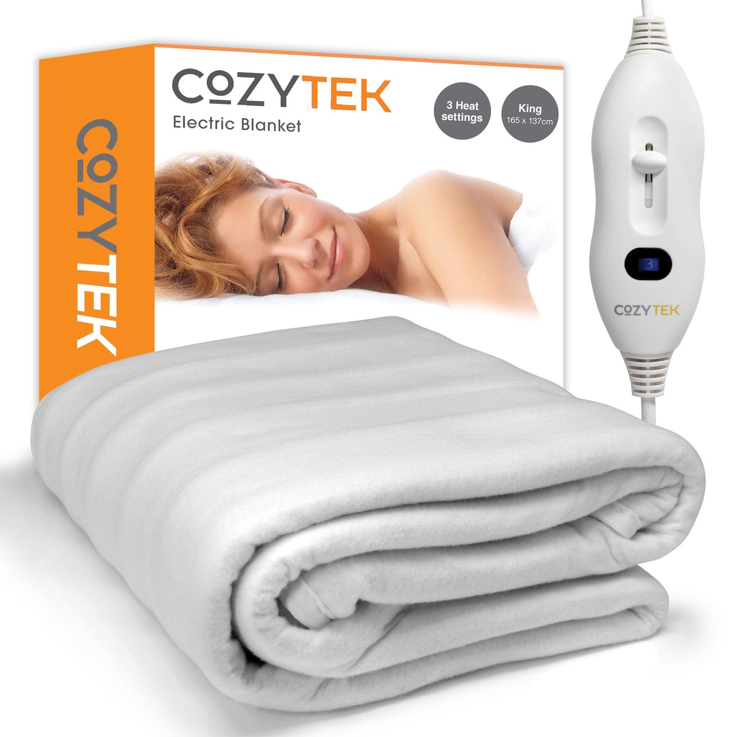 Cozytek Electric Blanket King Size 165 x 137cm, Soft Polyester Electric Blanket Fitted Underblanket Mattress Cover, 3x Heat Settings, 1x Controller
