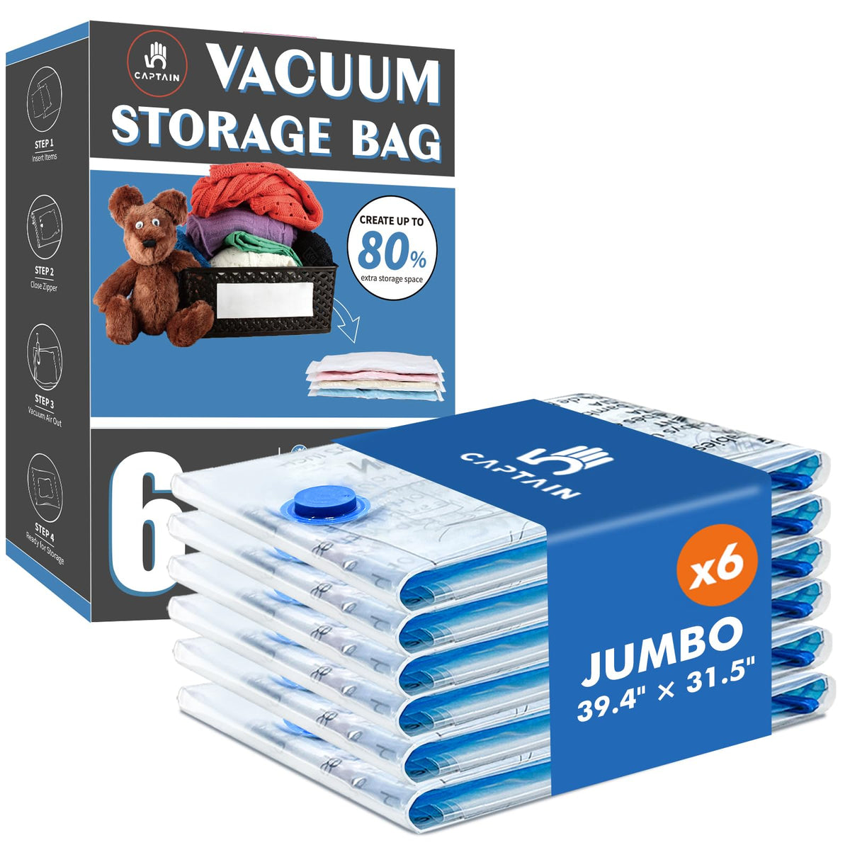 CaptainFive Vacuum Storage Bags Jumbo 6 Packs(39'' x 31.5'), Vacuum Pack Bags for Clothes, Pillows, Comforters, Duvets