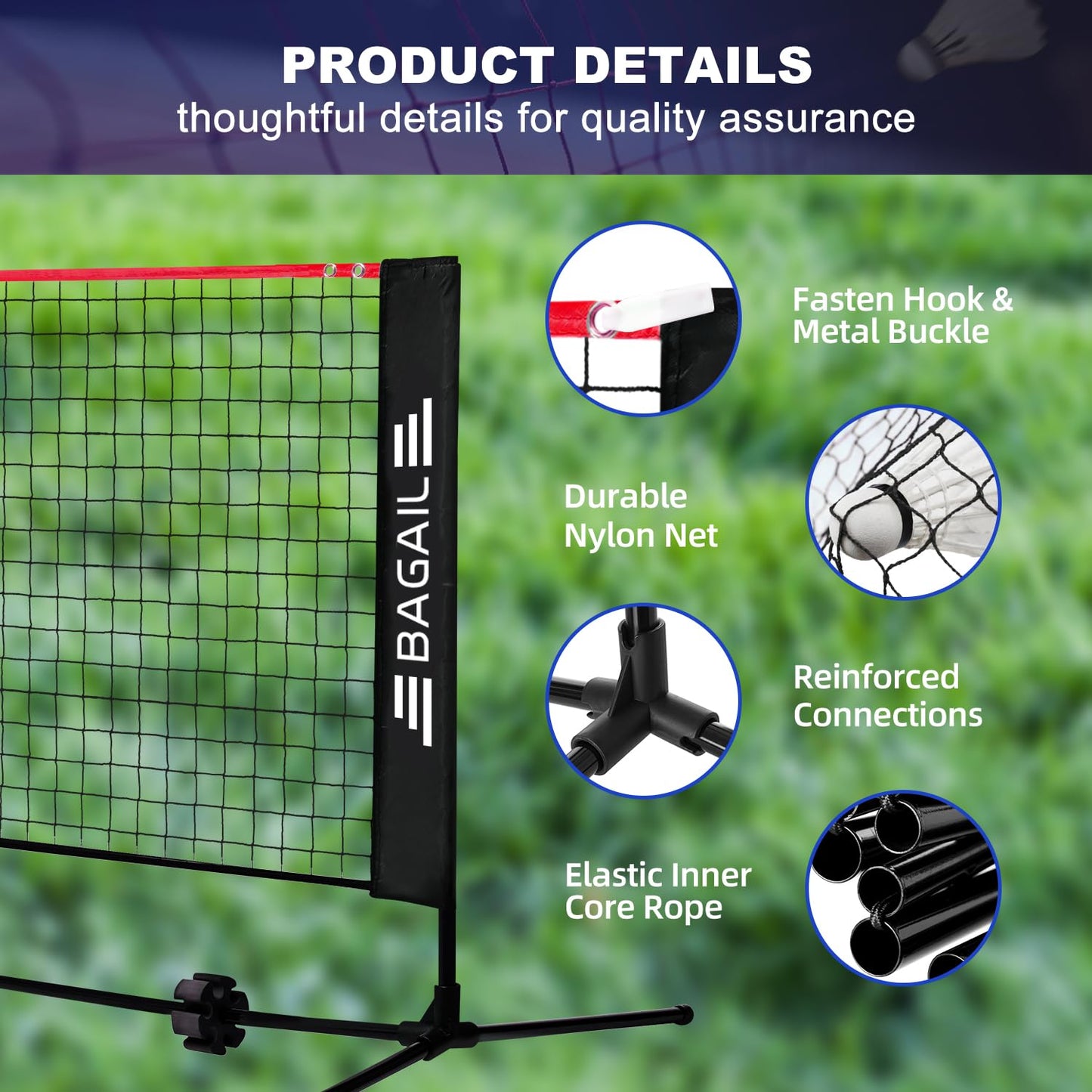 BAGAIL Badminton Net, Foldable Nylon Net, Hieght Adjustable Stand and Portable Carry Bag, Easy to Assemble or Disassemble, Ideal Recreational Sports