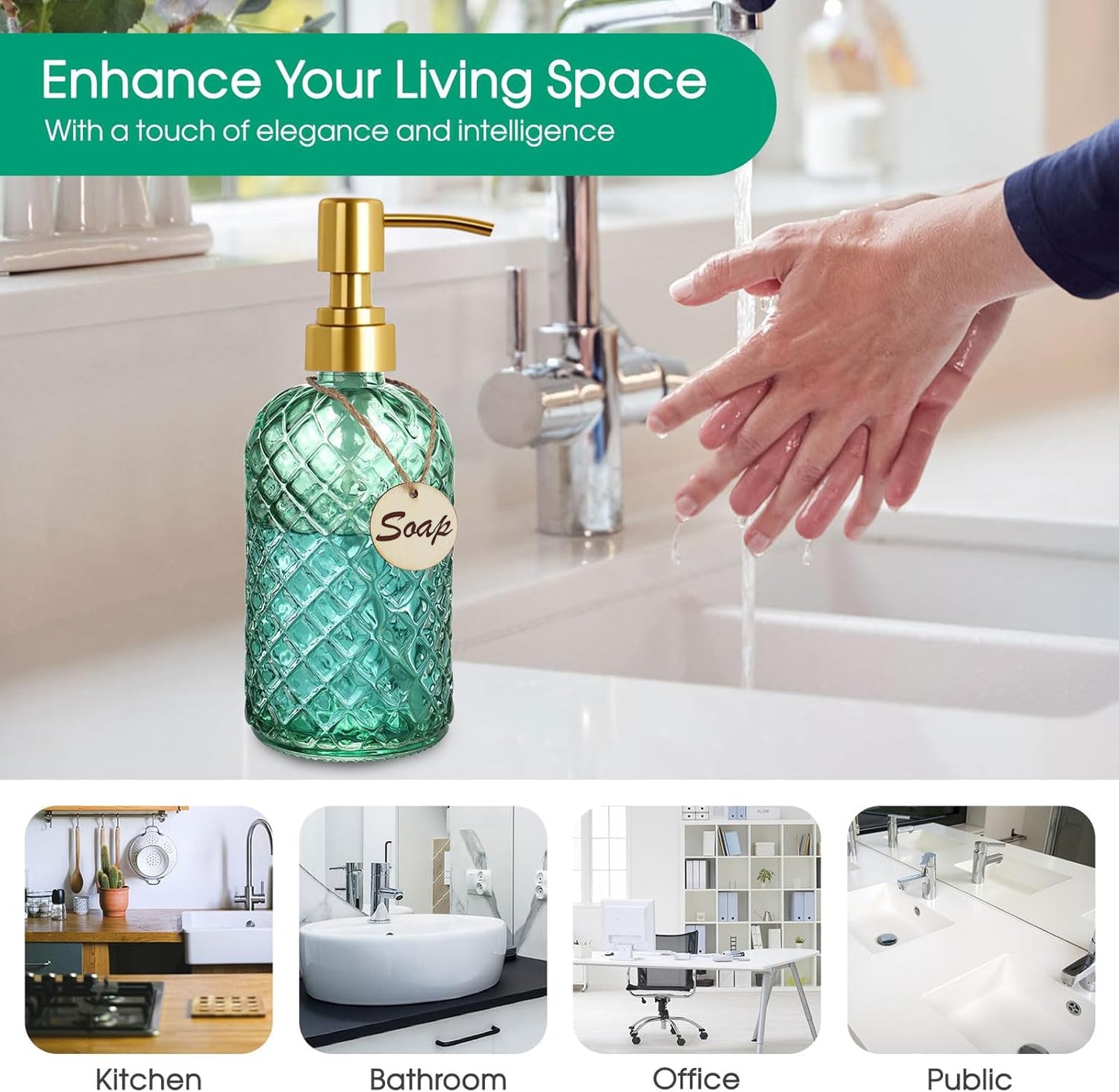 Bingobang Glass Soap Dispenser with Hand Gold Pump 470ml, Green