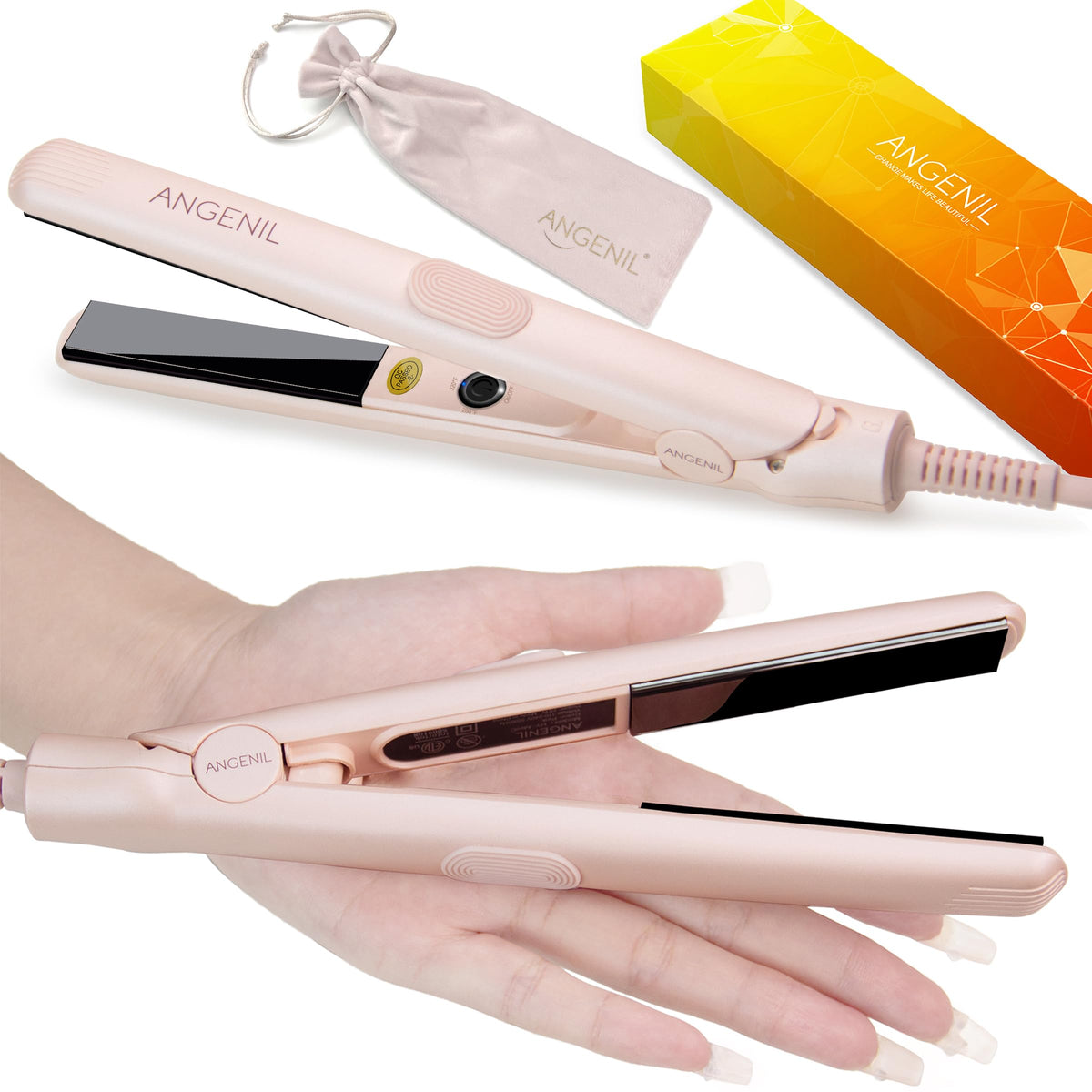 ANGENIL Ultra Mini Titanium Ceramic Flat Iron for Short Hair, Mini Dual Voltage Hair Straightener 1.8 cm, Small Pink Flat Irons Anti-Scald Silicone
