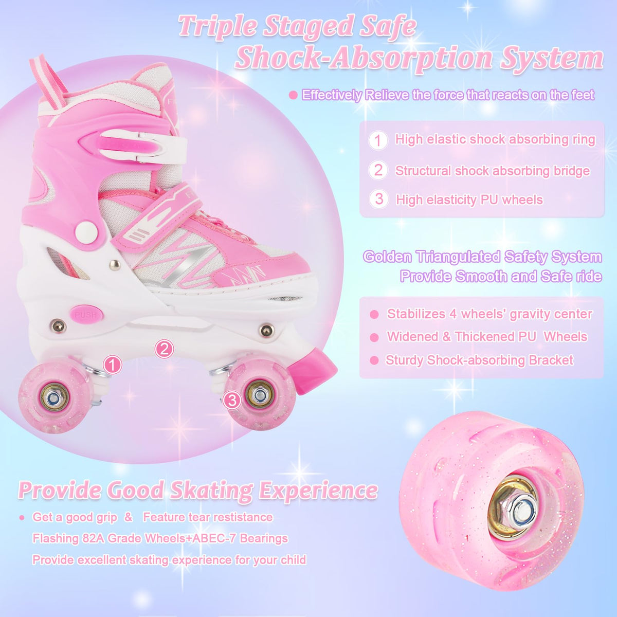 Kids Girls Roller Skates For Toddler Child Beginner, 4 Sizes Adjustable Kids Roller Skates with Light Up Wheels (Pink White, Small)
