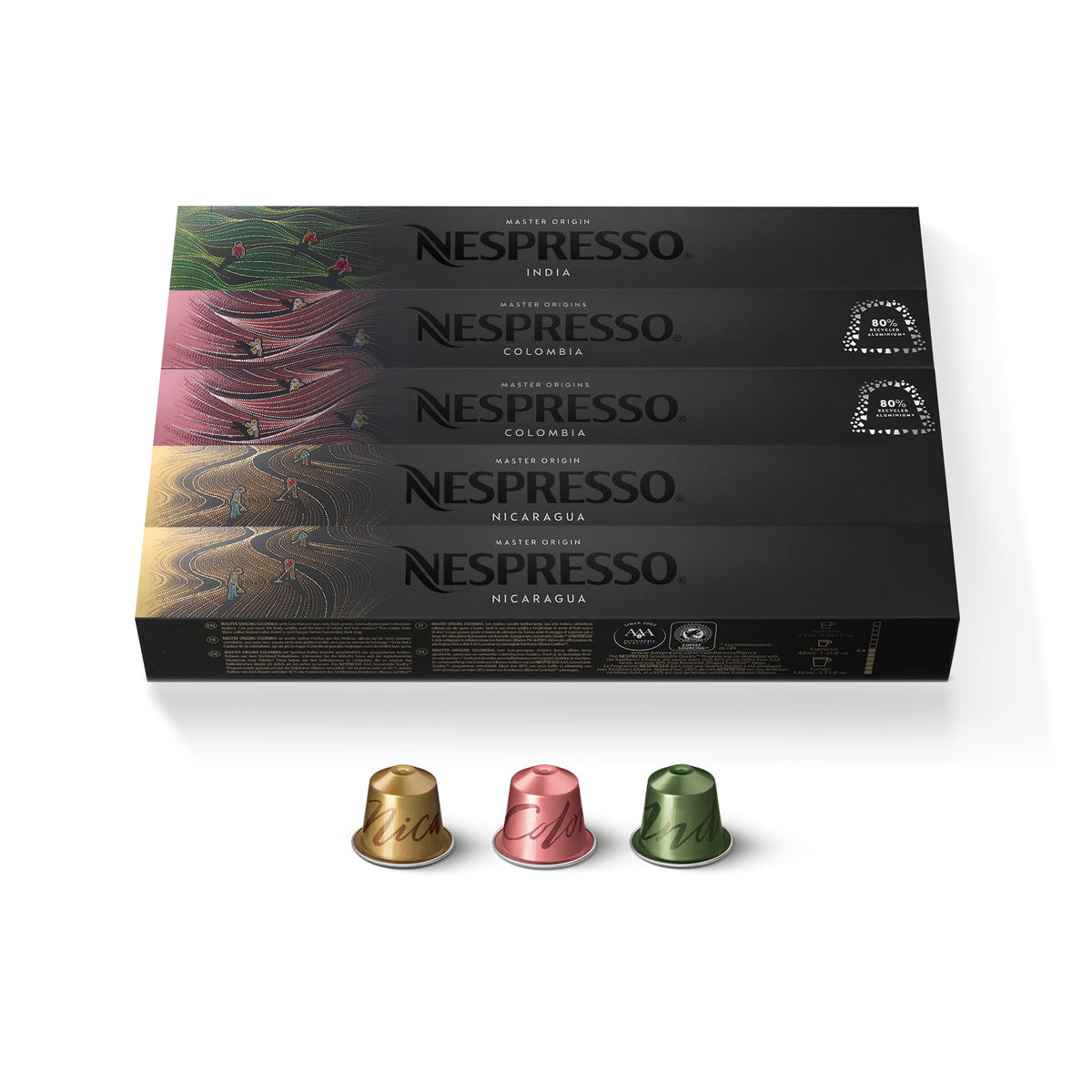 Nespresso Original Bundle Master Origins 50 Coffee Capsules - 10x India, 20x Colombia, 20x Nicaragua