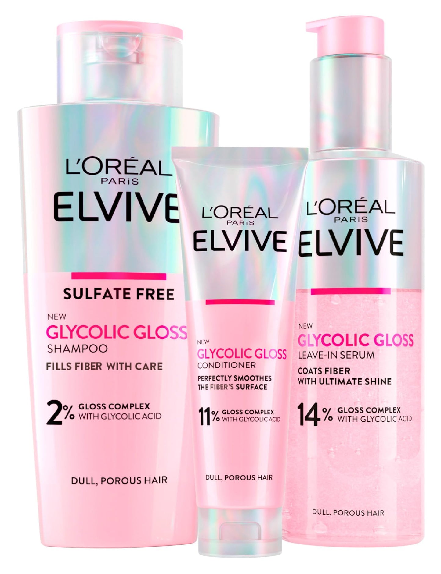 L'Or?al Paris Elvive Glycolic Gloss Conditioner 150ml + Shampoo 200ml + Leave-In Serum 150ml Set for Dull and Porous Hair Intense and Long-Lasting