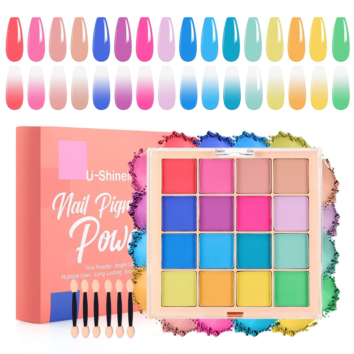 U-Shinein Nail Pigment Powder Palette Set, 16 Colors Ombre Nail Powder Palette French Aura Nails Ombre Nail Brush Nail Long-lasting Manicure Art DIY