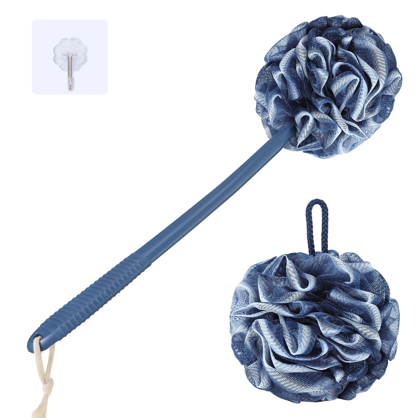 VANZAVANZU Loofah Sponge Set Shower Puff, 17" Anti-Slip Plastic Long Handle Loofah Body Scrubber with Exfoliating Shower Sponge, PE Soft Mesh Bath