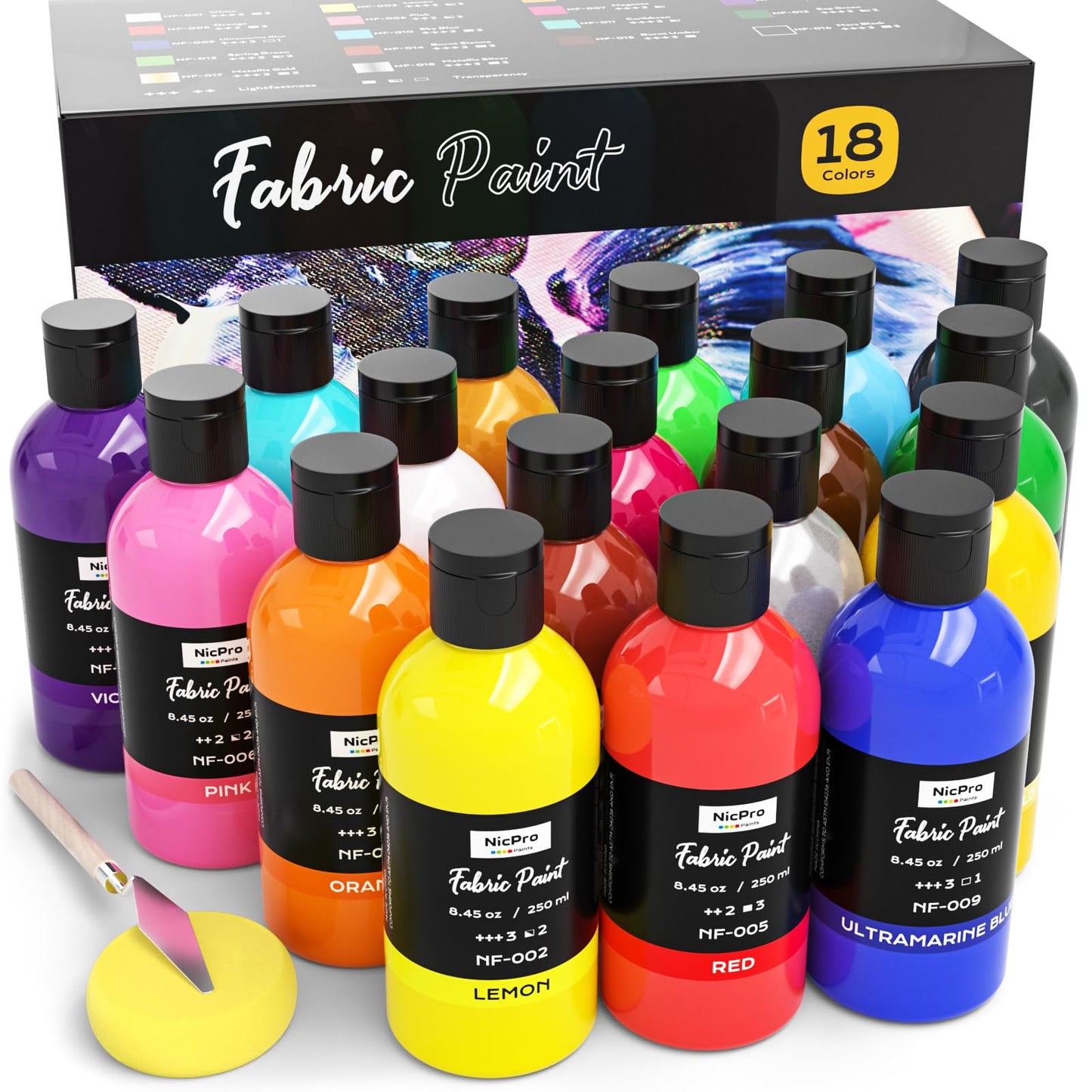 Nicpro 18 Colors Fabric Paint, 8.45 oz (250 ml) Fabric Paint for Clothes Permanent, Soft Rich Pigment Non-Toxic Textile Paint for Fabric DIY Crafts,