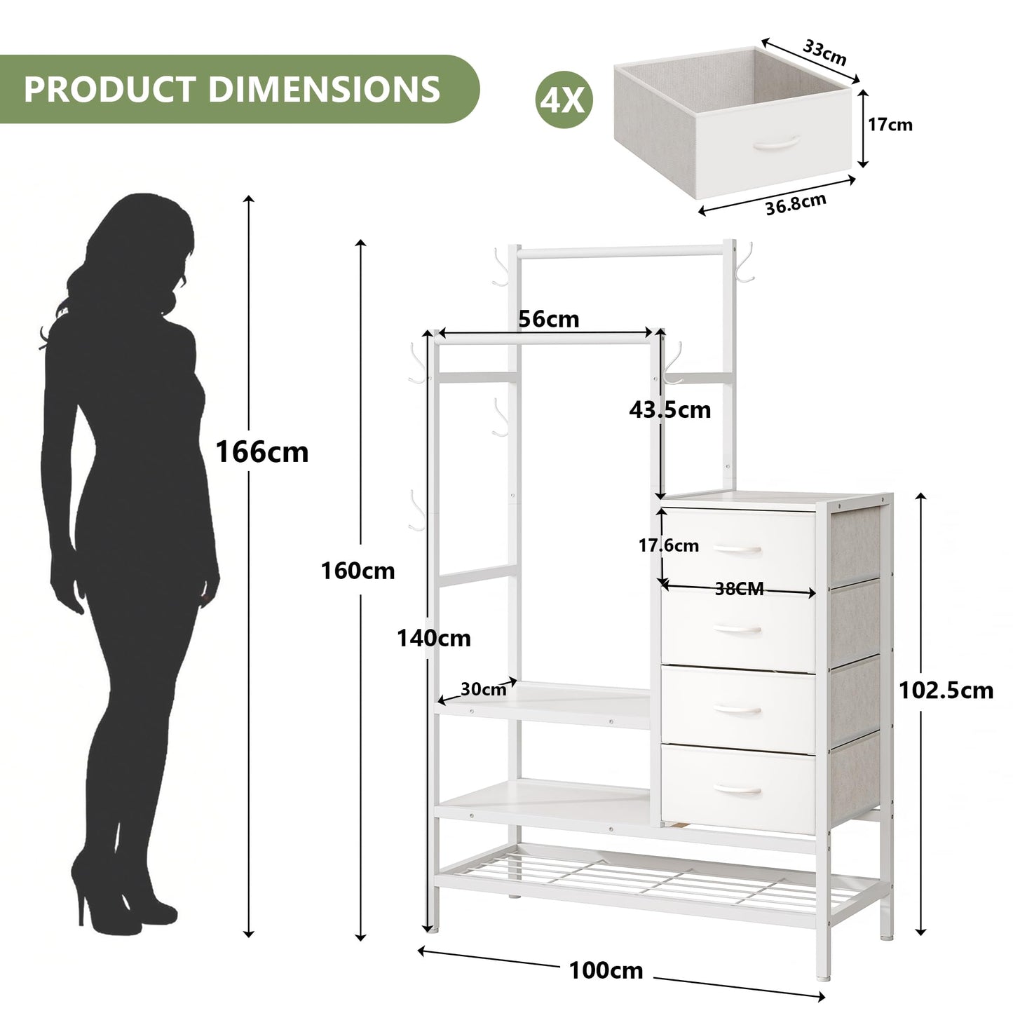 Feonase 3 in 1 Chest of Drawers Bedroom, Including 4 Fabric Drawers, with a 2 Coat Rail and 5 Coat Hooks