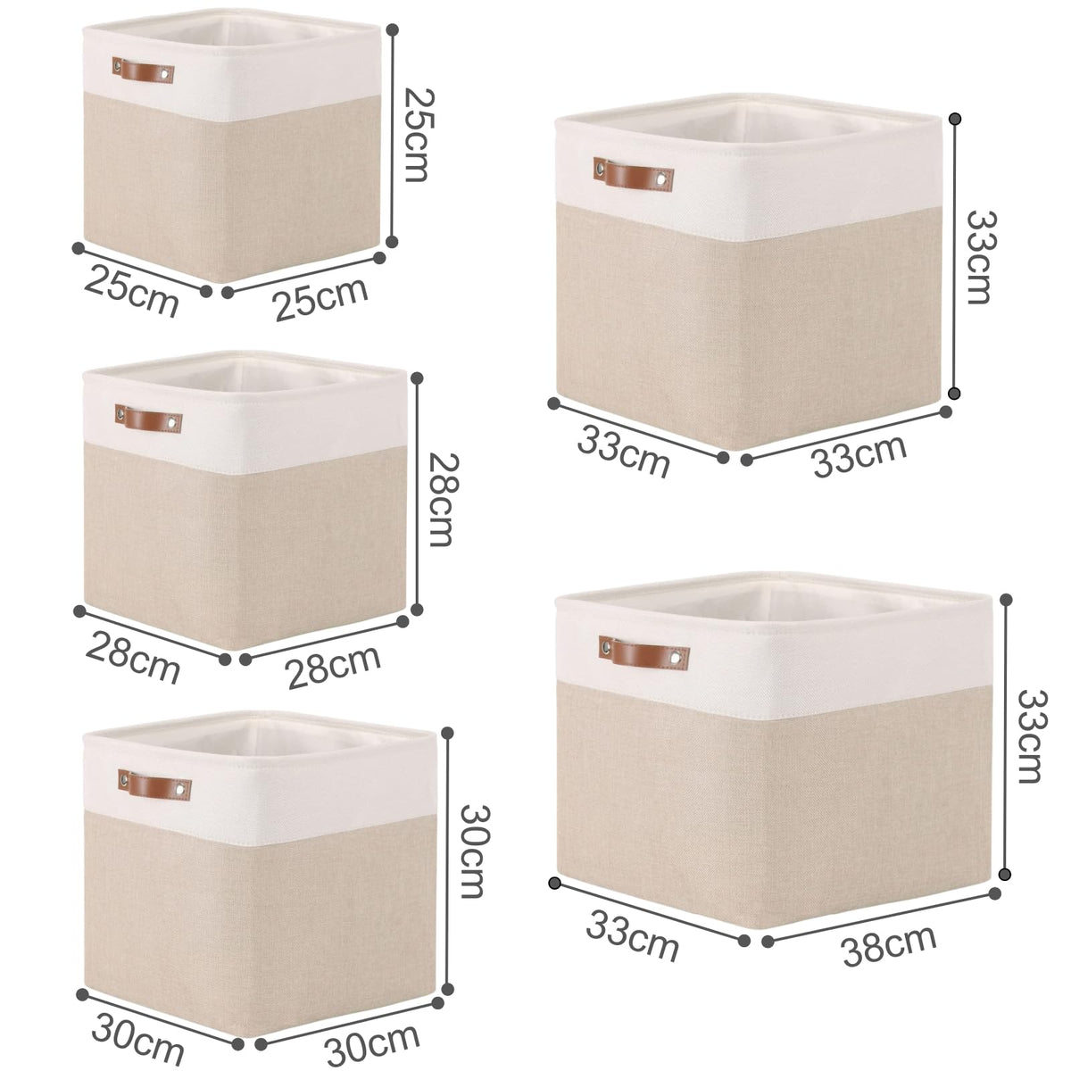 Mangata Collapsible Storage Cube Boxes, 33x38x33cm Linen Woven Fabric Storage Baskets with Leather Handles 4pcs (Light Khaki and White)
