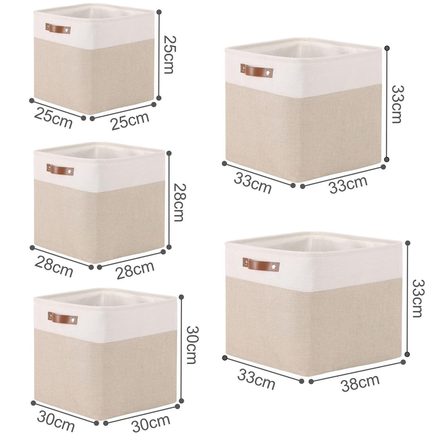 Mangata Collapsible Storage Cube Boxes, 28cm Cube Linen Woven Fabric Storage Baskets with Leather Handles 4pcs (Light Khaki and White)