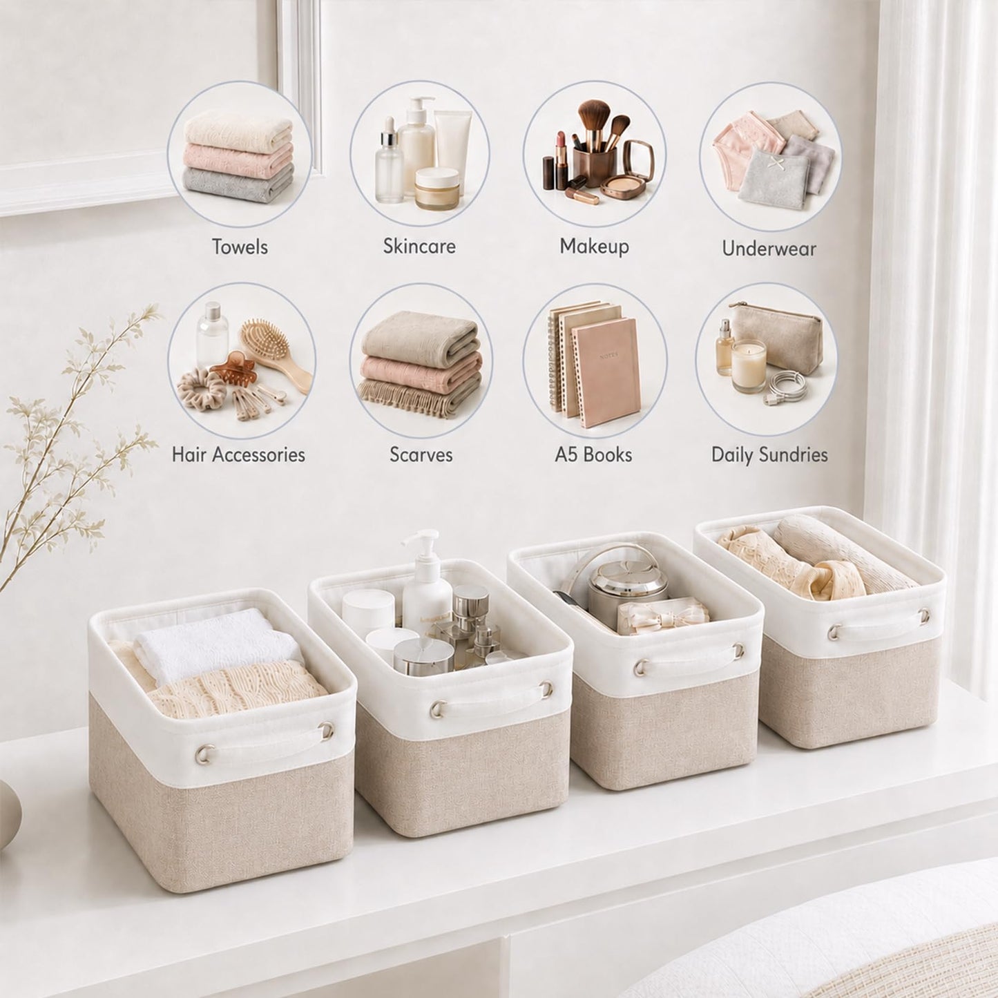 Mangata Set of 3 Fabric Storage Baskets, Light Khaki White S