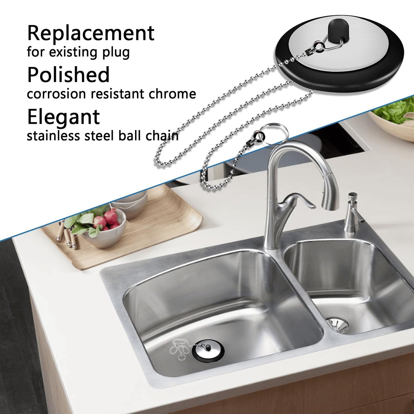 3 Pcs Universal bath plug with Chain, Bathroom Sink Plug Replacement, Drain Stopper for Bathroom Kitchen (Size 1.7in, Chain 15.7in)
