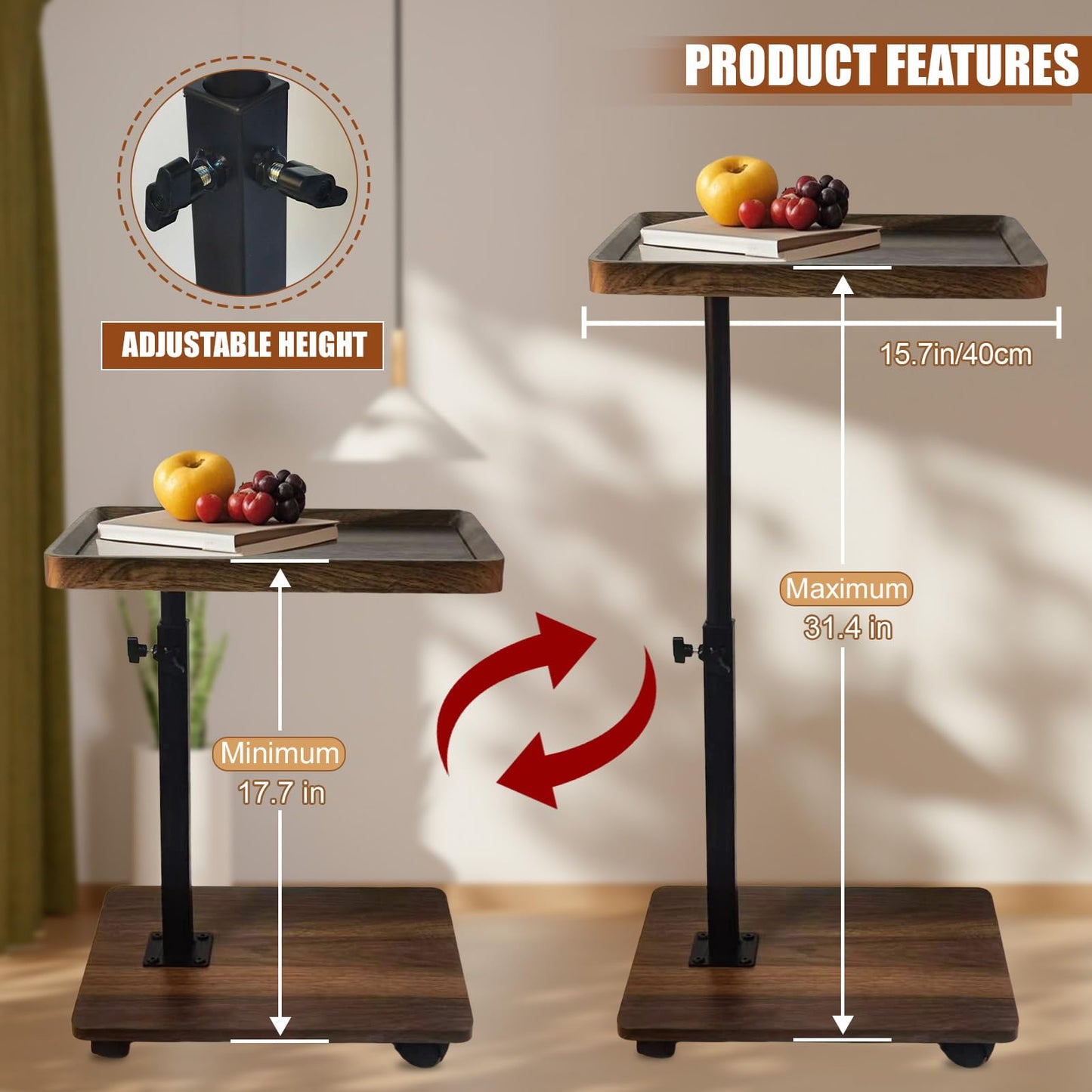 Adjustable Height C Shape Side Table,with 360 Degree Rotating Wheels ,Multifunctional Sofa Bed Side Table(Walnut Brown )