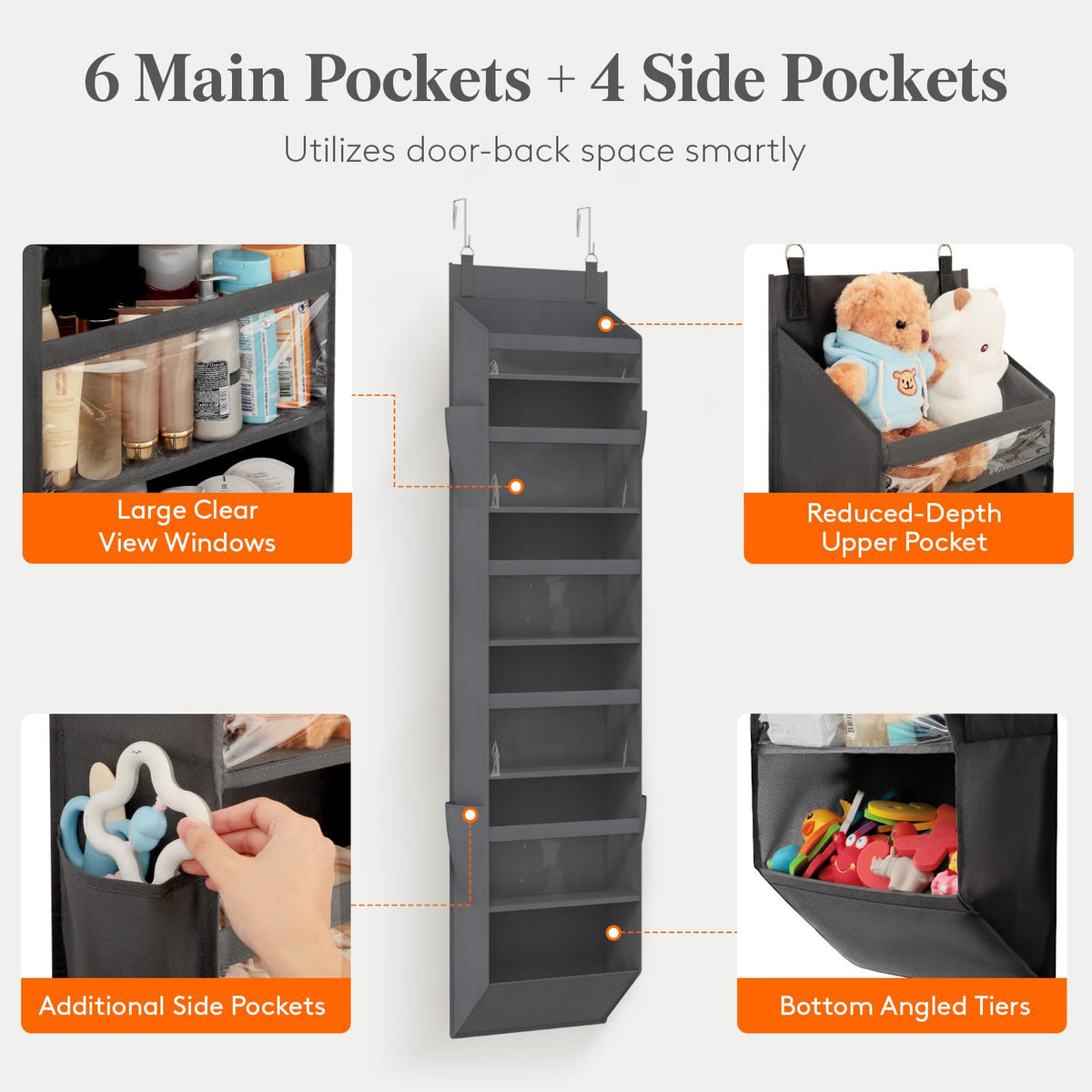 Lifewit Over the Door Storage, Clear Hanging Organiser with 4 Side Pockets, Anti Tilt 40 lbs Load Behind Door for Dorm, University Essentials, Room