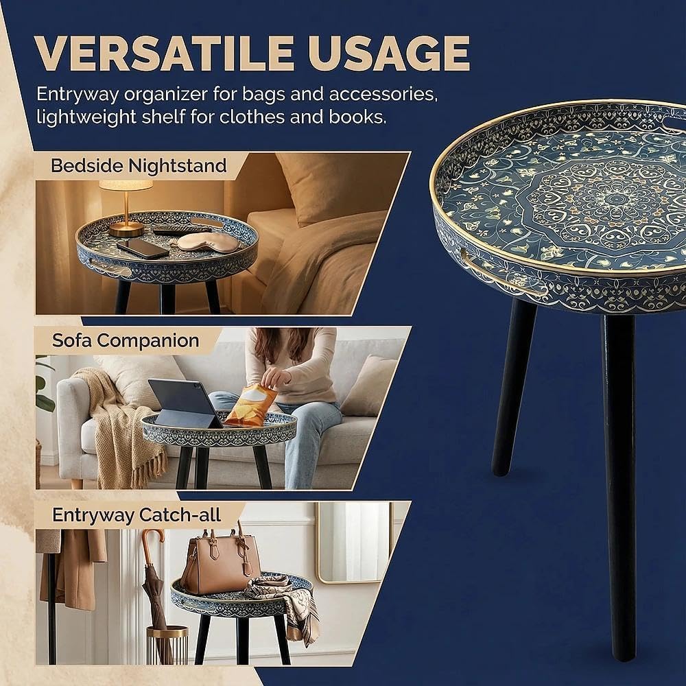 Simmer Stone Round Outdoor Side Tables with Detachable Wooden 3 Legs, Versatile Tray Table, Perfect For Round Coffee Table Tea