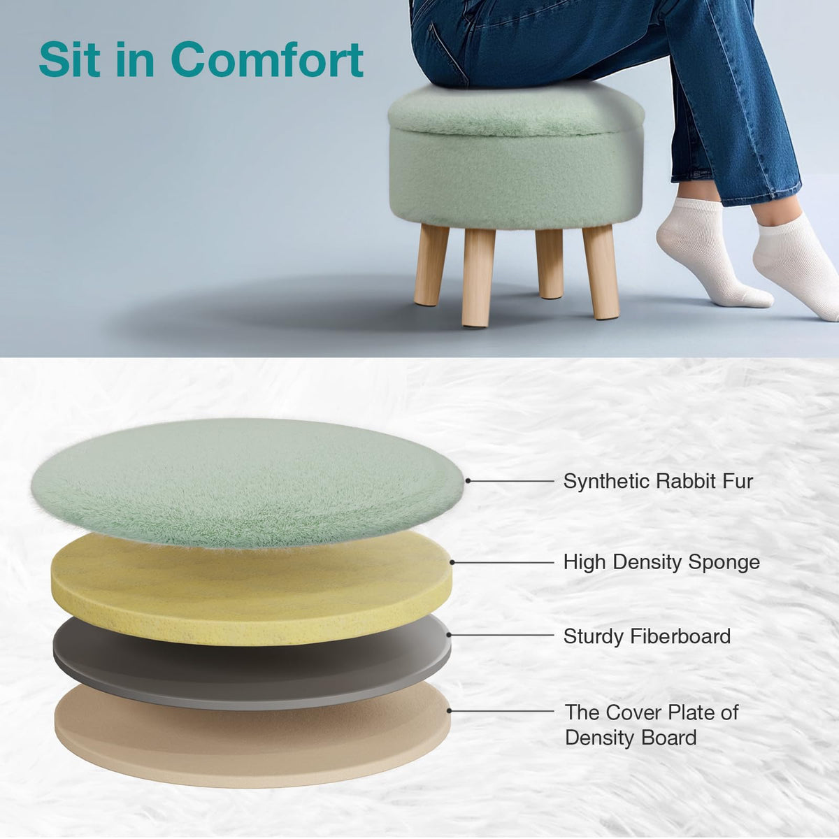 BRIAN & DANY Footstool with Storage, Small Storage Ottoman, Faux Fur Round Stool with Lid, Foot Stool with Legs for Living Room Entryway, Green