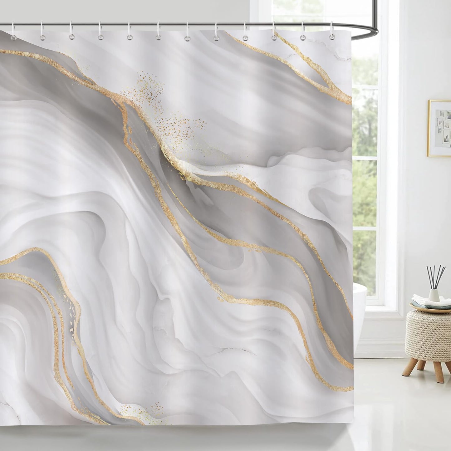 Bonhause Grey Gold Marble Shower Curtain Abstract Modern Luxury Bathroom Curtain 180 x 180 cm Waterproof Mildew & Mould Resistant Polyester Fabric
