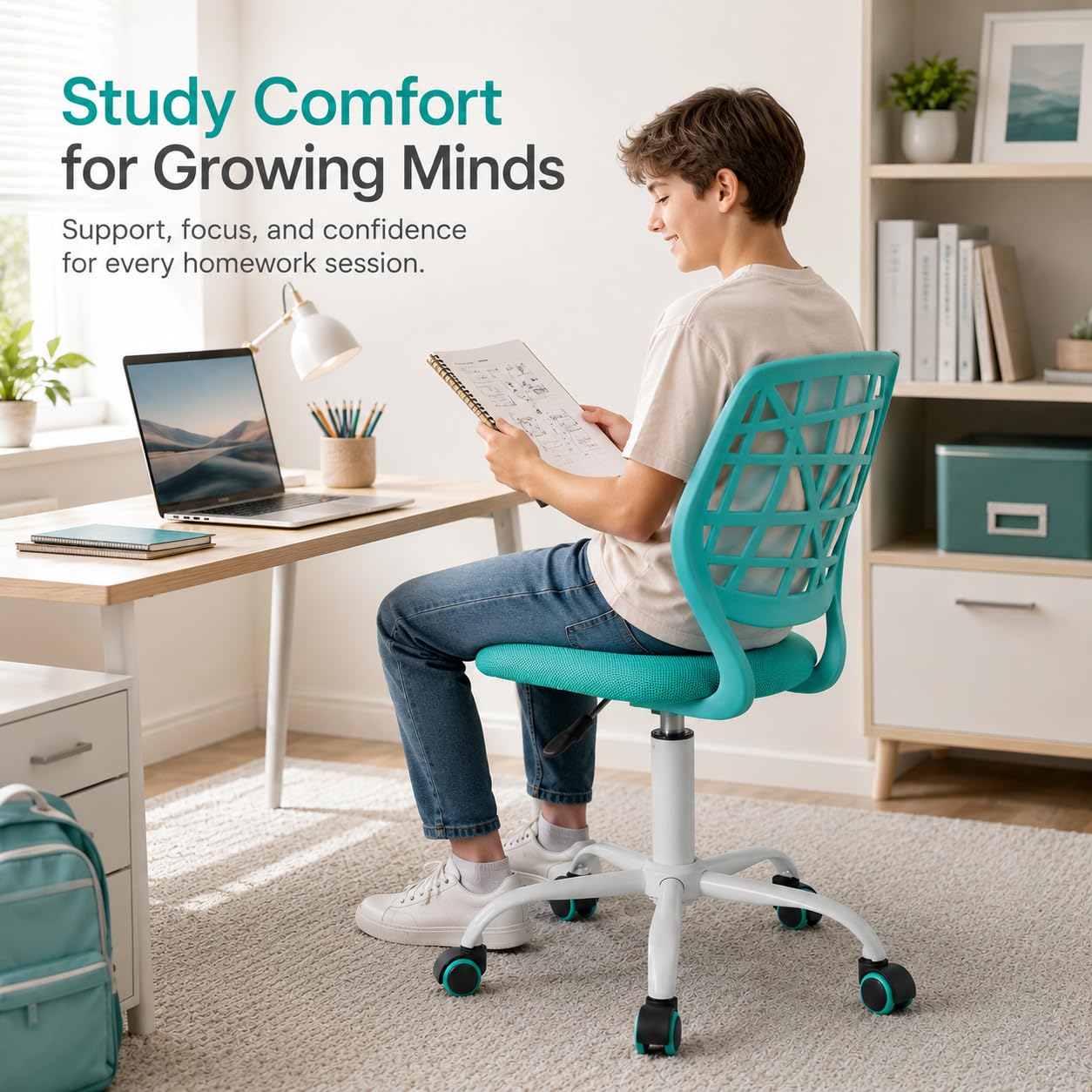 Homy Casa Desk Chair Linen Fabric Seat Ergonomic Swivel Task Chair without Armrest Adjustable Height Office Chair Home Office for Kids Teens, Aqua I