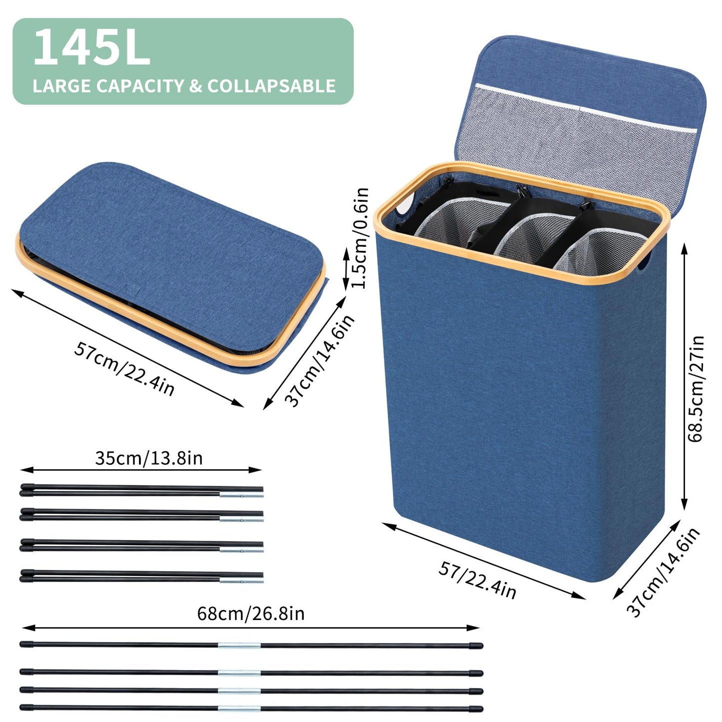 BRIAN & DANY Laundry Basket with Lid, Large Laundry Hamper 3 Compartments with Handles, Collapsible Washing Basket with 3 Removable Bags, Washing Bin