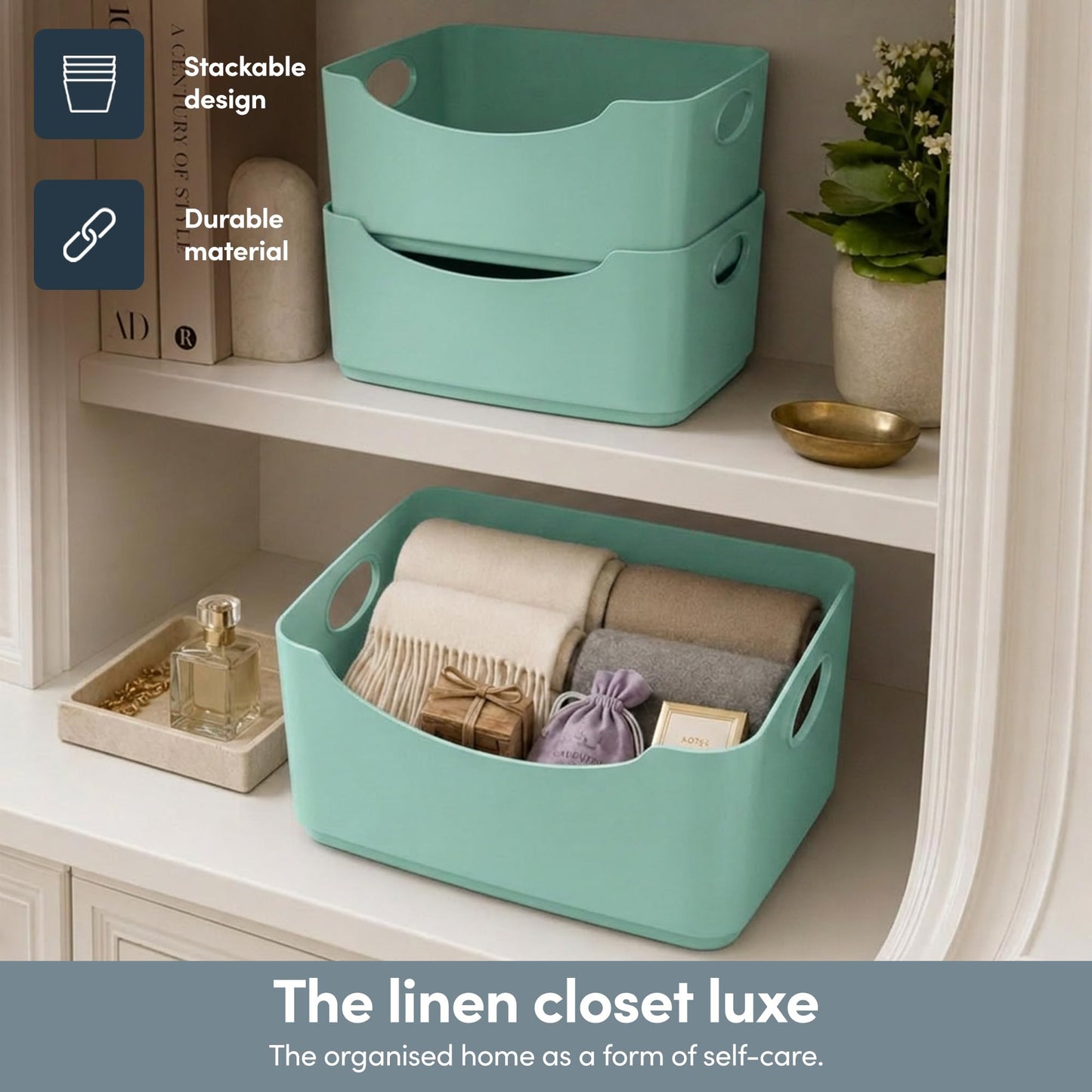 KEPLIN 5 Pack Plastic Storage Baskets with Handles, BPA-Free Dishwasher Safe Organiser Boxes for Kitchen, Bathroom, Pantry, Shelves & Drawers