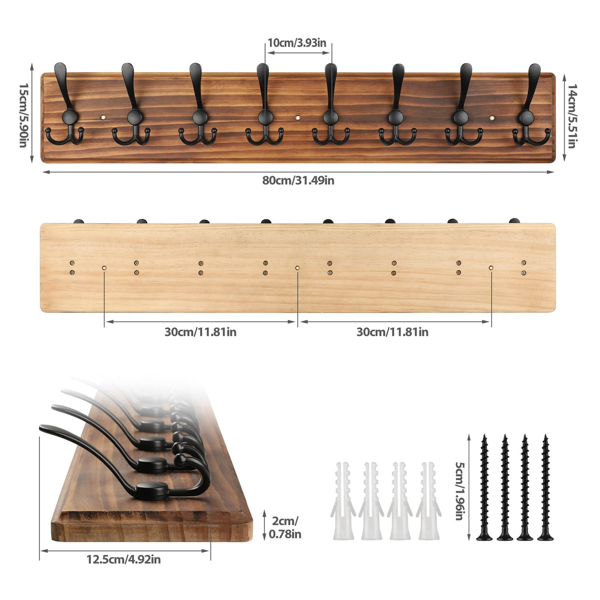PHINGEER Wall Mounted Coat Hooks, Wooden Heavy Duty Coat Rack for Wall,8 Triple Coat Hanger Hooks for Hanging Coats,Jacket,Hat,Clothes,Brown (Brown, 8
