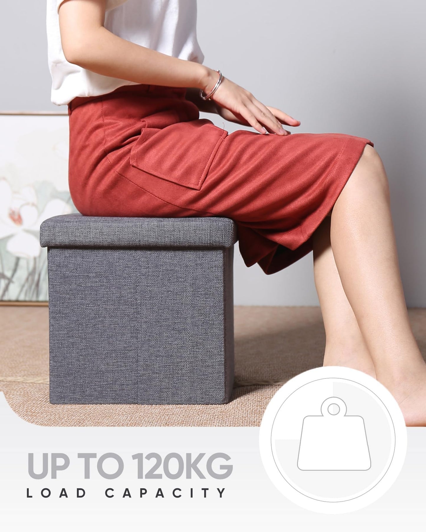 Bonlife Ottoman Storage Stool Cube - Small Footstool Seat,Grey 32x32x32cm