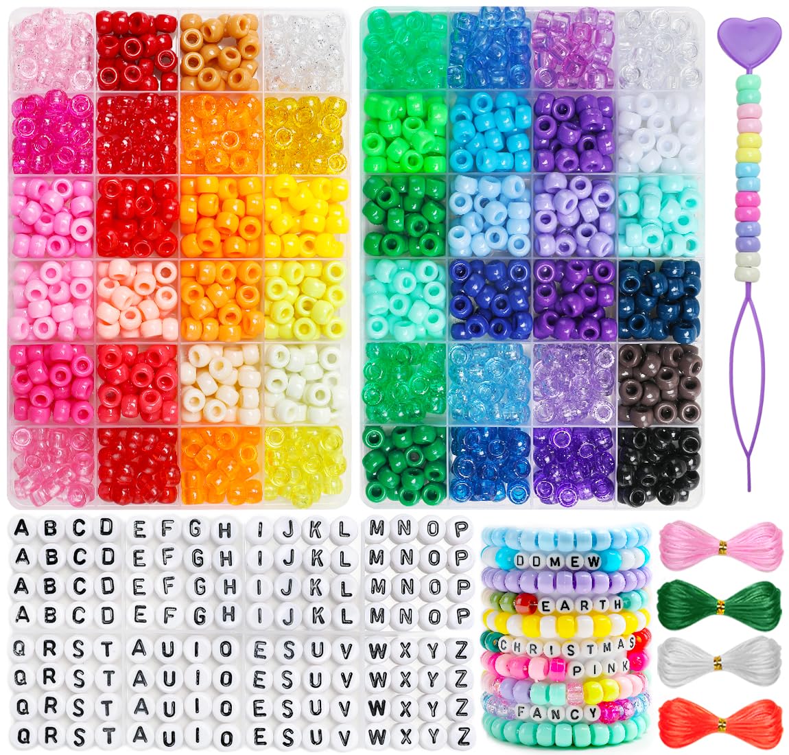 Tiehuoxia Pony Beads for Bracelet Making, 48 Colors Bracelet Making Kit with Elastic Strings, 6 * 9mm Beads for Jewelry, Hair Braids, Crafts