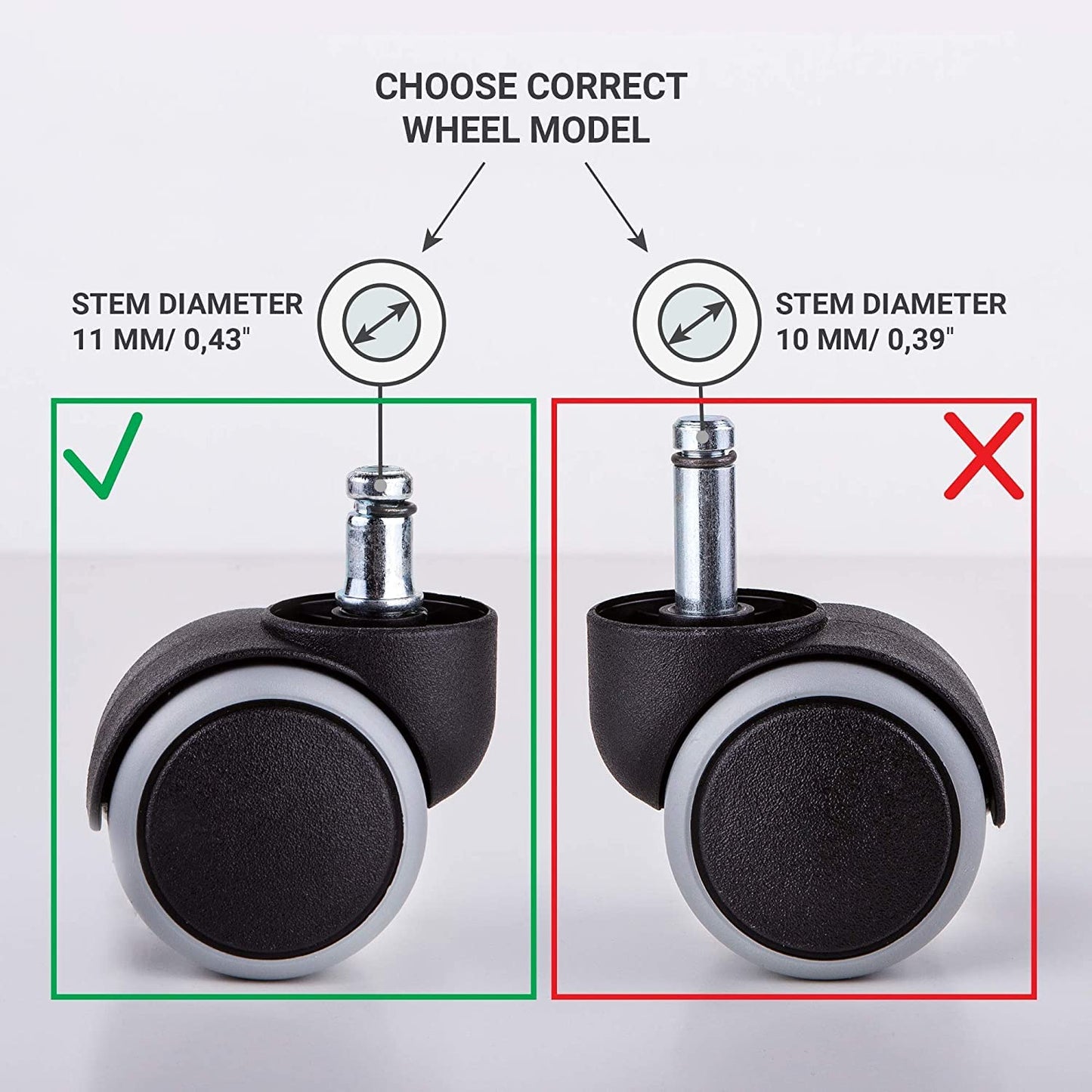 SKIR'CO (5 pcs) 50 mm Rubber Chair Wheels, Rolling Office Chair Castors, Replacement Casters, Swivel Wheels, Universal Short Stems (5, Ø 11 mm)