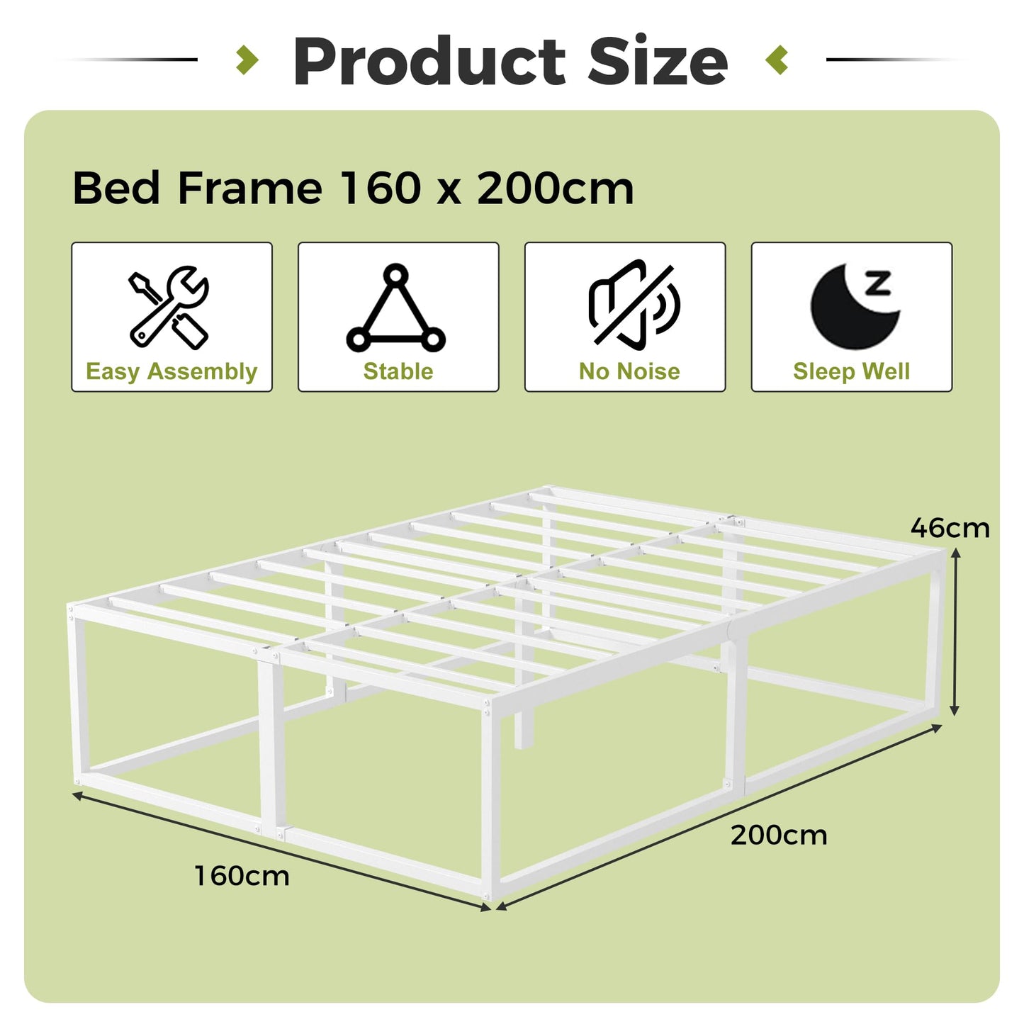 EMODA 46 cm High Metal Bed Frame 160x200 cm, White