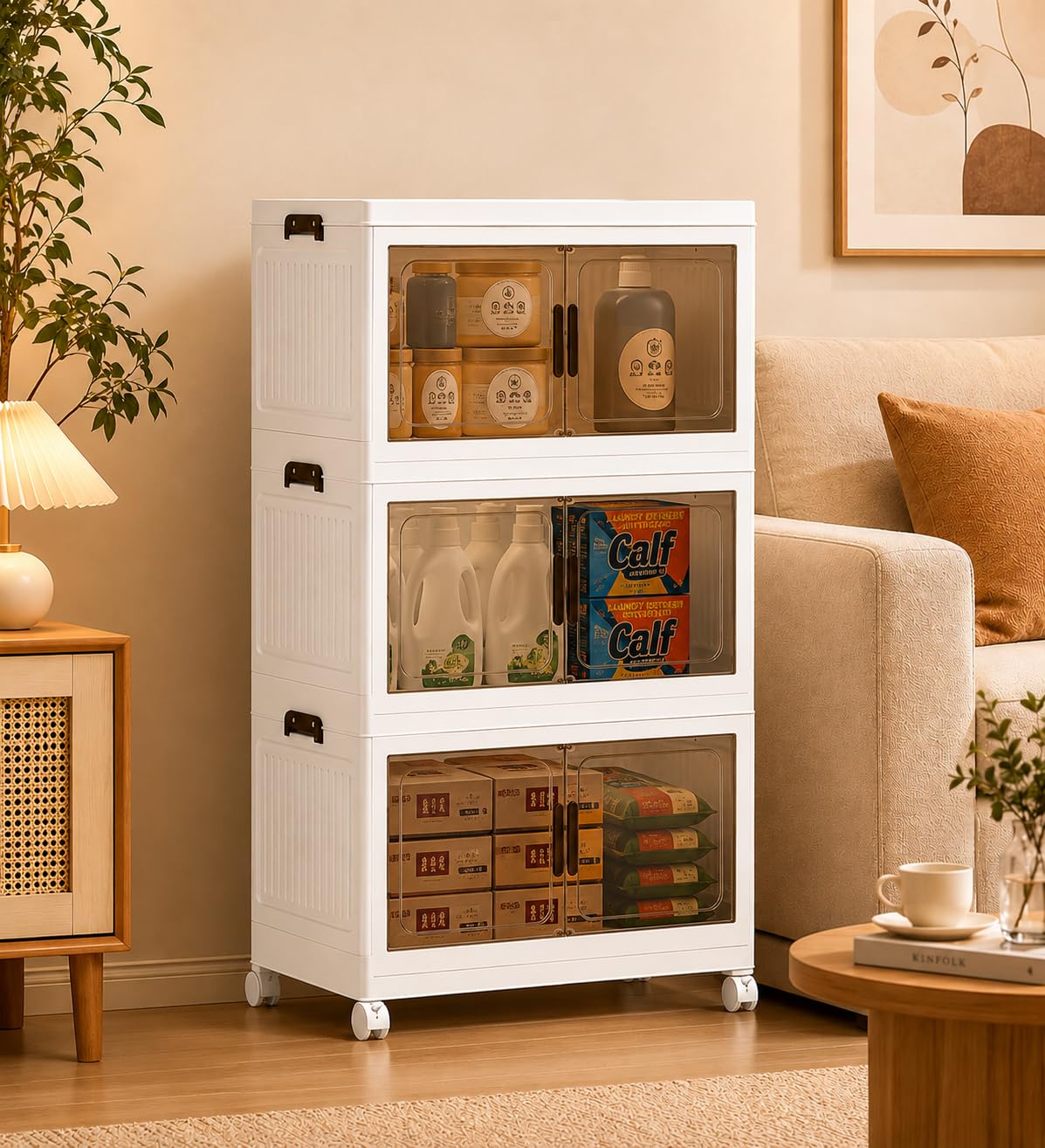 Asnews 3-Tier Storage Boxes with Lid, 26L Stackable Storage Bins with Wheels and Doors