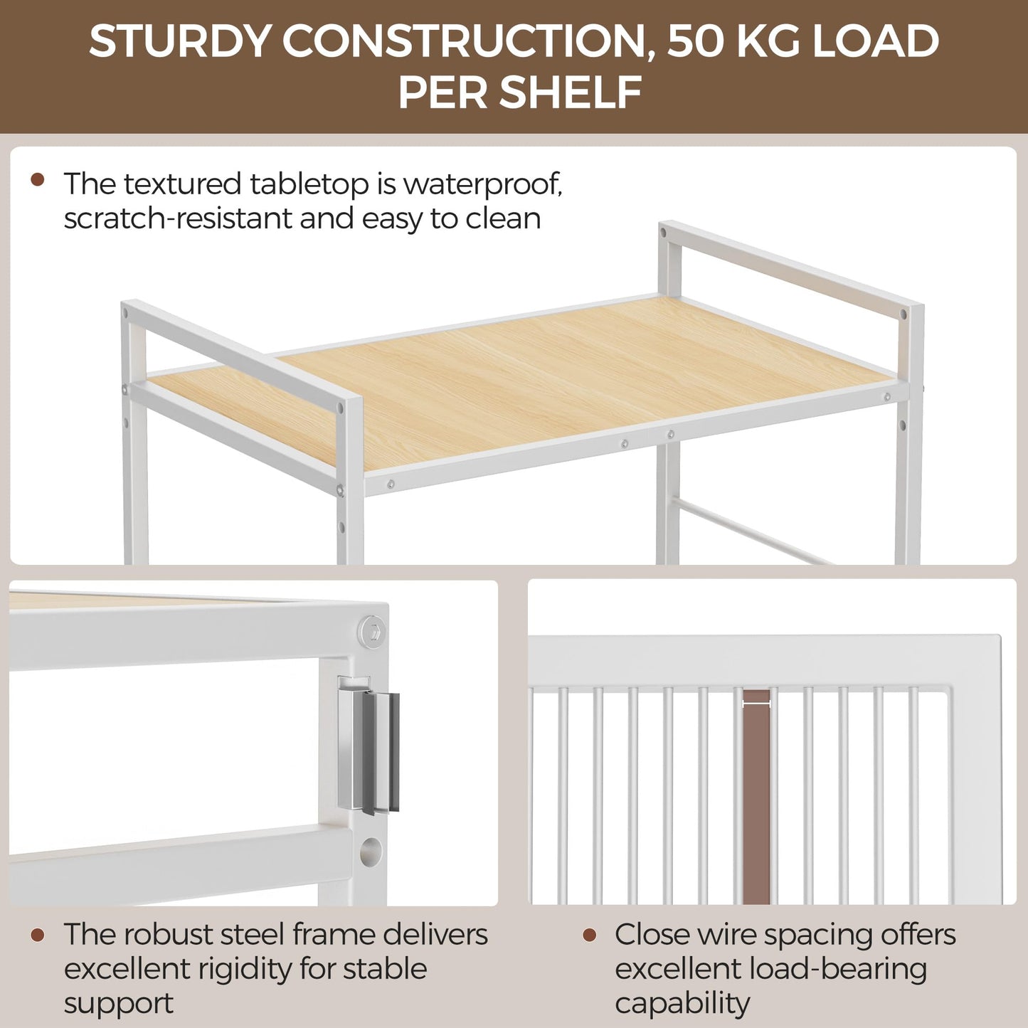 3-Tier kitchen trolley,Oak Wood Top,60W×40Dcm,4 Hooks, Adjustable Shelves