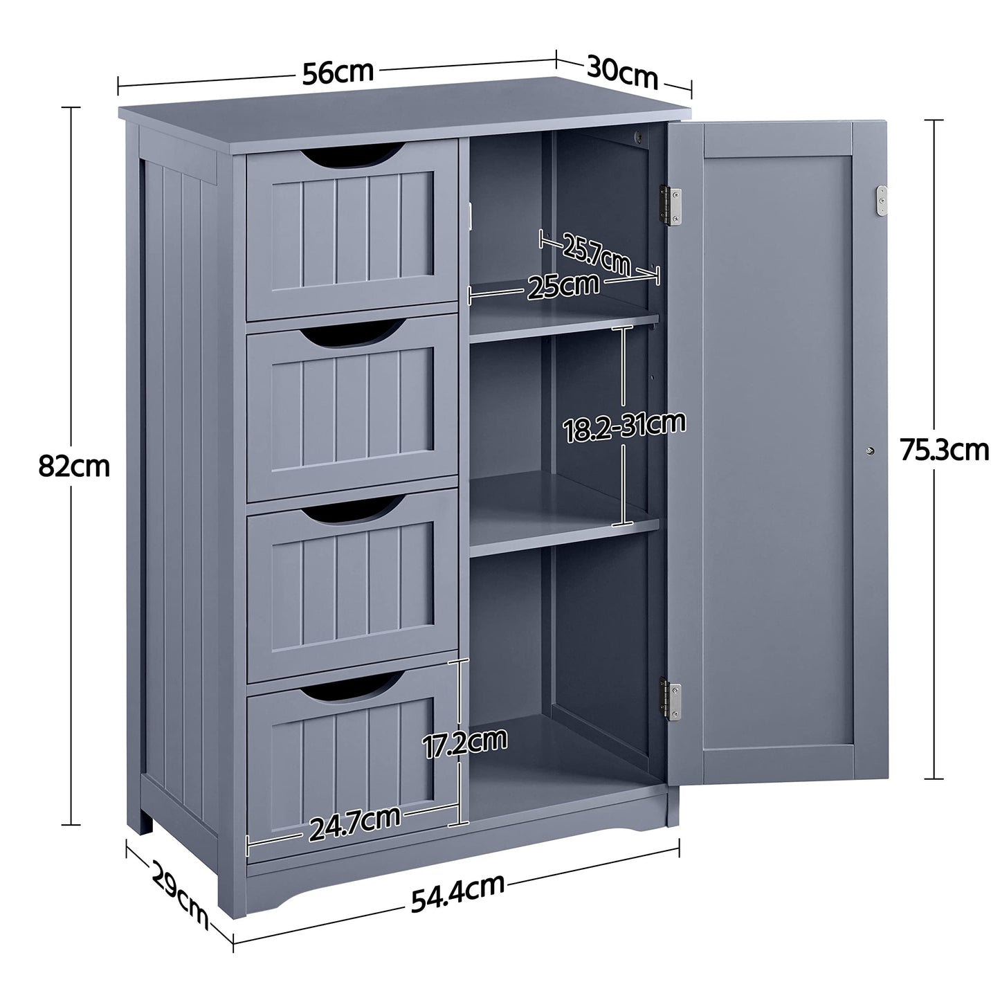 Yaheetech Bathroom Floor Cabinet, 4 Drawers & Door, Adjustable Shelf Gray