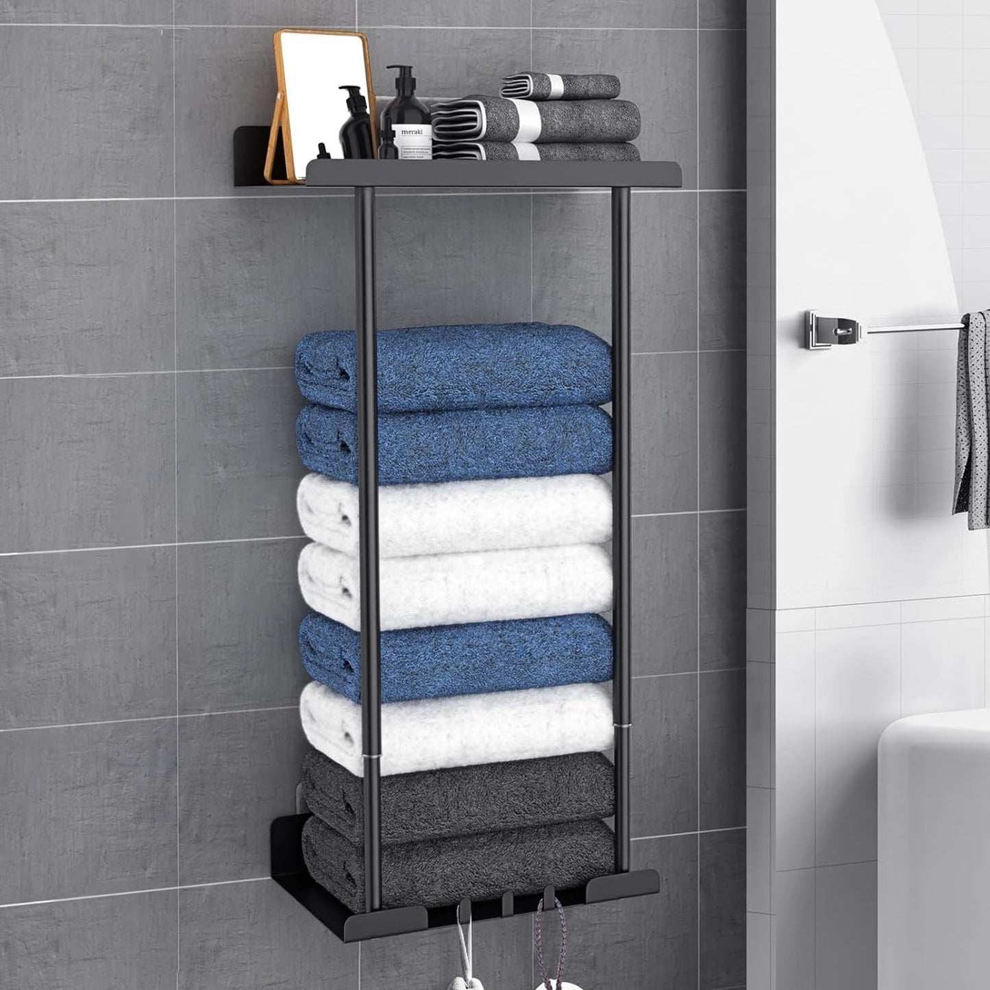 Towel Rack, Towel Storage Self Adhesive, Towel Holder Wall Mounted, Adjustable Bathroom Towel Storage, Towel Rack Wall Mounted, Black Towel Rail