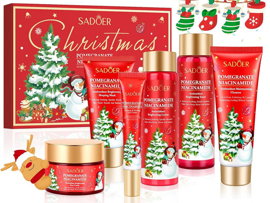 Christmas Pomegranate Skincare Set-6 Pcs Skin Care for Women-Teenage Girls Gift Set-Cleanser,Toner,Lotion,Face Cream,Eye Cream,Sleeping Mask Travel