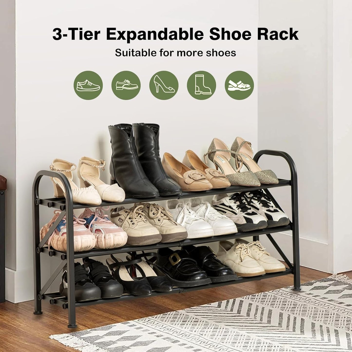 Ngduihoo Expandable Shoe Rack for Closet, 3 Tier Adjustable Shoe Storage Organizer, Metal Shoe Shelf Holds up to 12 Pairs