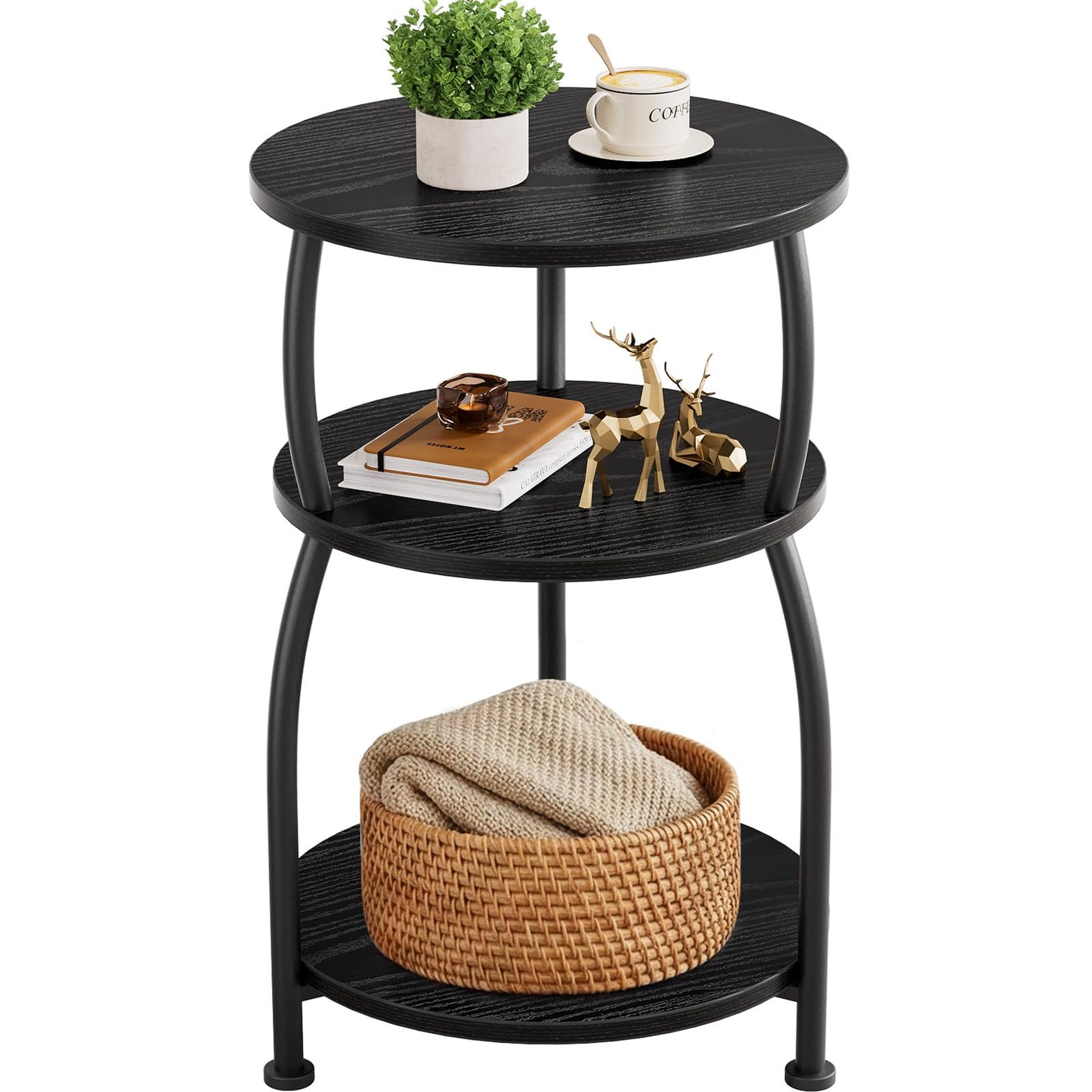 Yuede 3 Tier Side Table, Round Coffee Table, End Table with Storage Shelf, Bedside Table, for Living Room, Bedroom, Metal Frame, 40 x 61 cm, Black