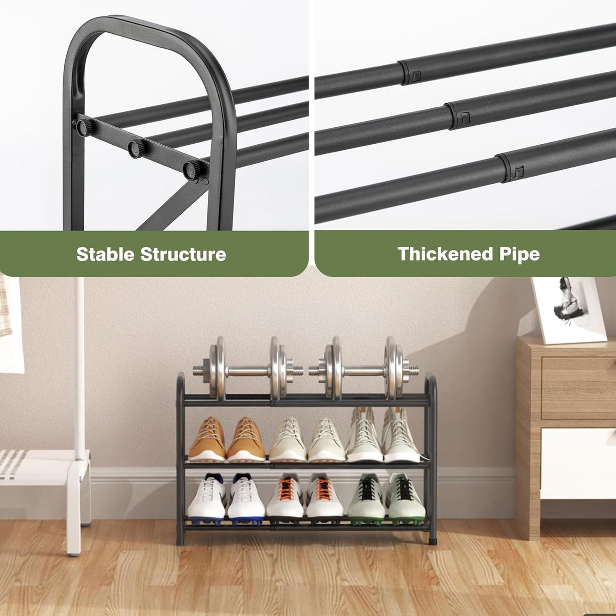Ngduihoo Expandable Shoe Rack for Closet, 3 Tier Adjustable Shoe Storage Organizer, Metal Shoe Shelf Holds up to 12 Pairs