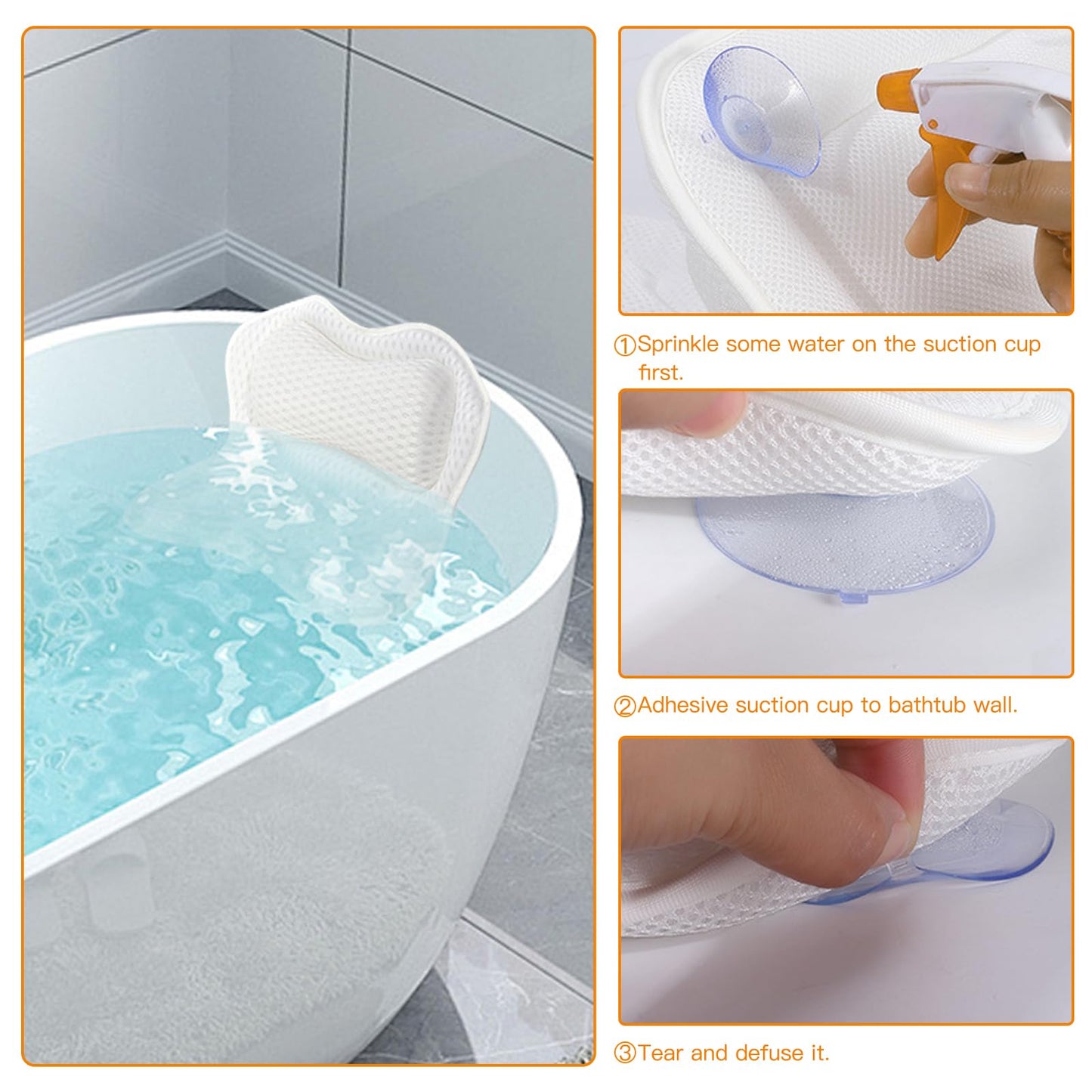 4D Technology Non-Slip Bath Pillow with 6 Powerful Suction Cups, Soft Ergonomic Mesh Cushion for Hot Tub and Home Spa