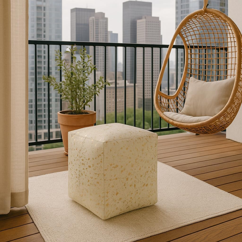 Heaven Hush Unstuffed Pouffe Cover Ottoman Handmade Hair-on Leather Pouf Cover only Genuine Cowhide Square Footrest Footstool Seat for Balcony Office