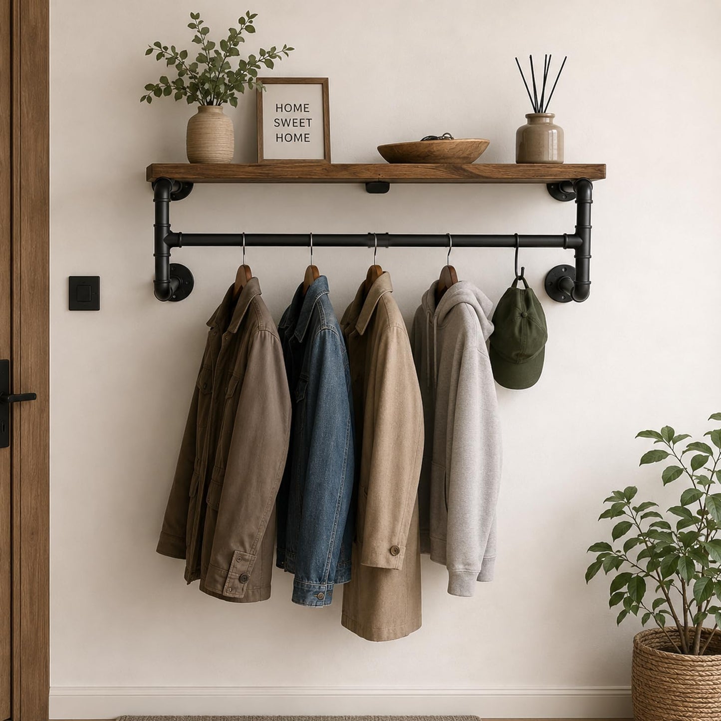NBOUOU Wall Mounted Clothes Rail, 70cm Industrial Pipe Clothing Rack, Heavy Duty Clothes Rail with Top Shelf, Shelves Clothes Hanging Rails