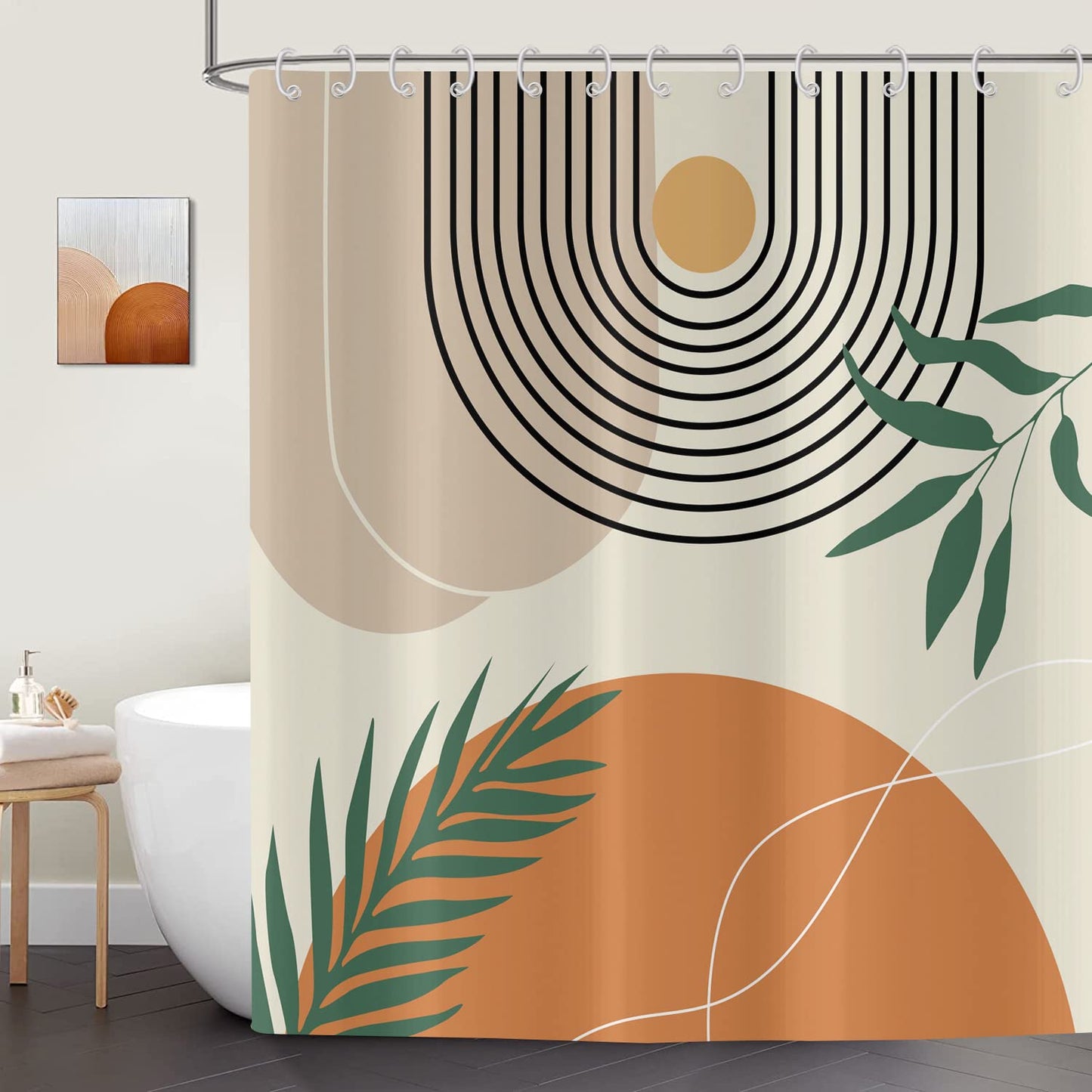 ASDCXZ Boho Shower Curtain 180x200 cm, Modern Abstract Art Boho Style Sun Moon Leaves Beige Bath Washable Shower Curtains Polyester Textile Waterproof