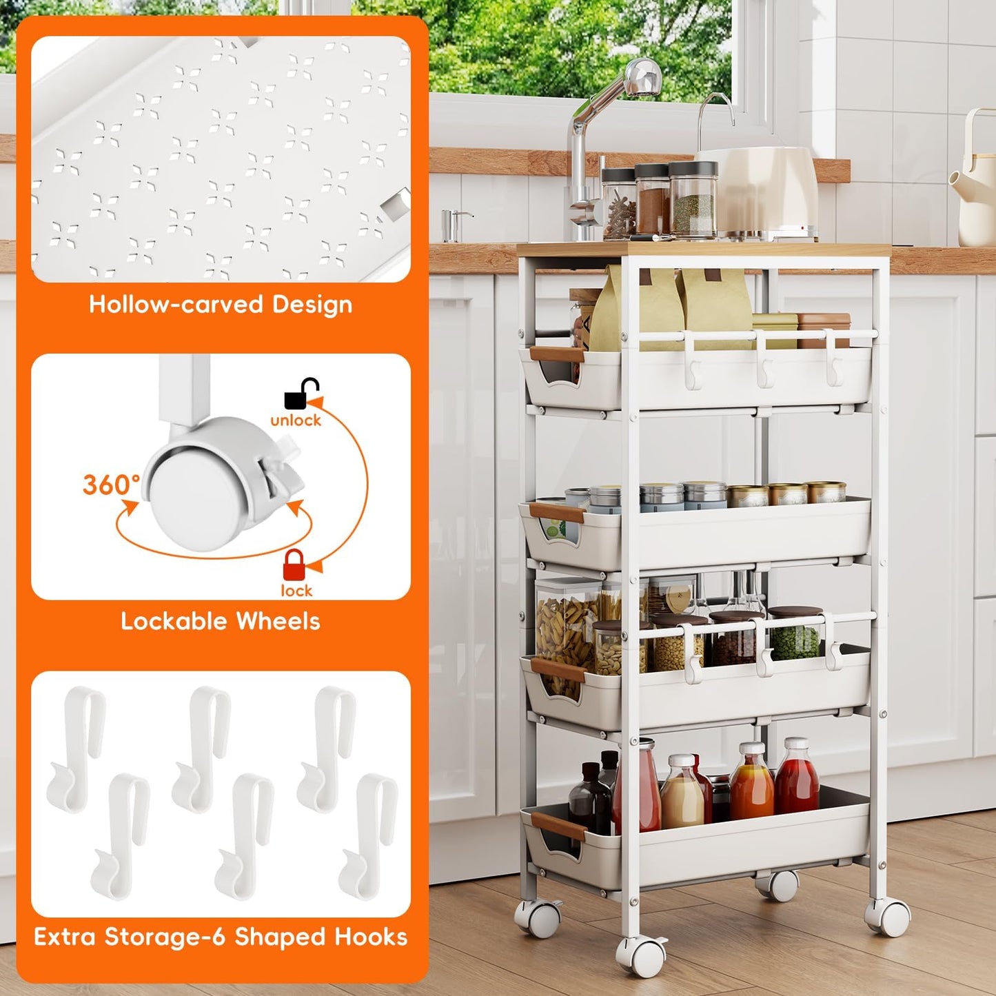Uwoodia 5-Tier Slim Storage Trolley on Wheels, Metal Kitchen Rolling Cart with Pull-Out Baskets