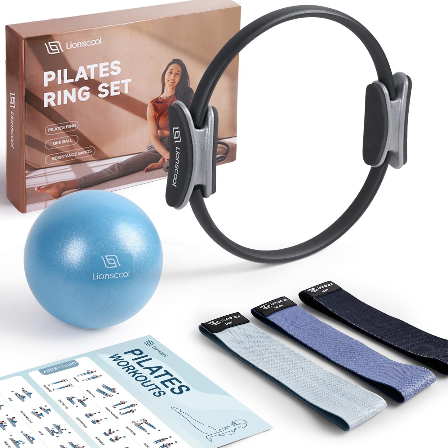 LIONSCOOL Pilates Ring Set - Premium14Magic Circle with Dual Padded Handles - Includes Pilates Mini Ball & Highly Elastic Resistance Bands & Workout