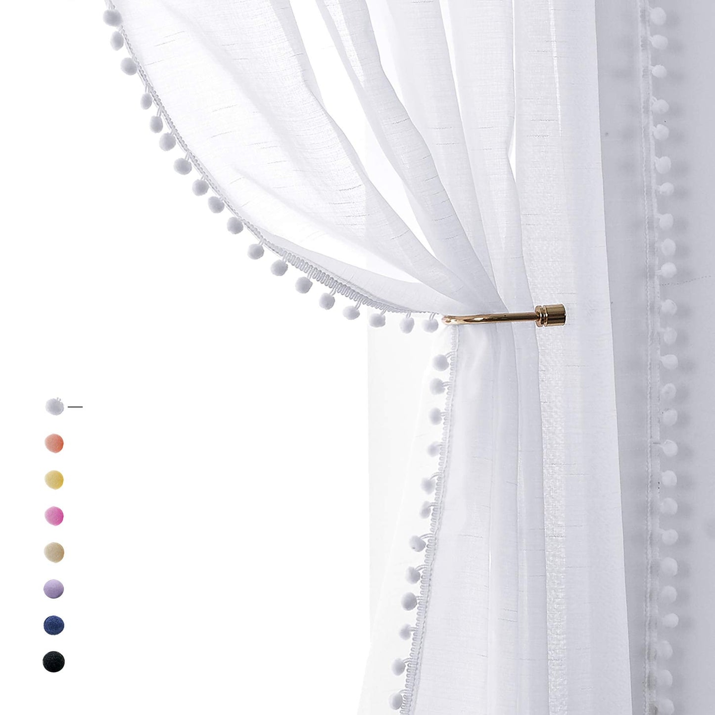 Snow White Sheer Curtains 52 x 90 Inch Bedroom Decorative Pompom Trimmed Voile Window Curtain for Living Room Light Weight Linen Look Solid Pencil