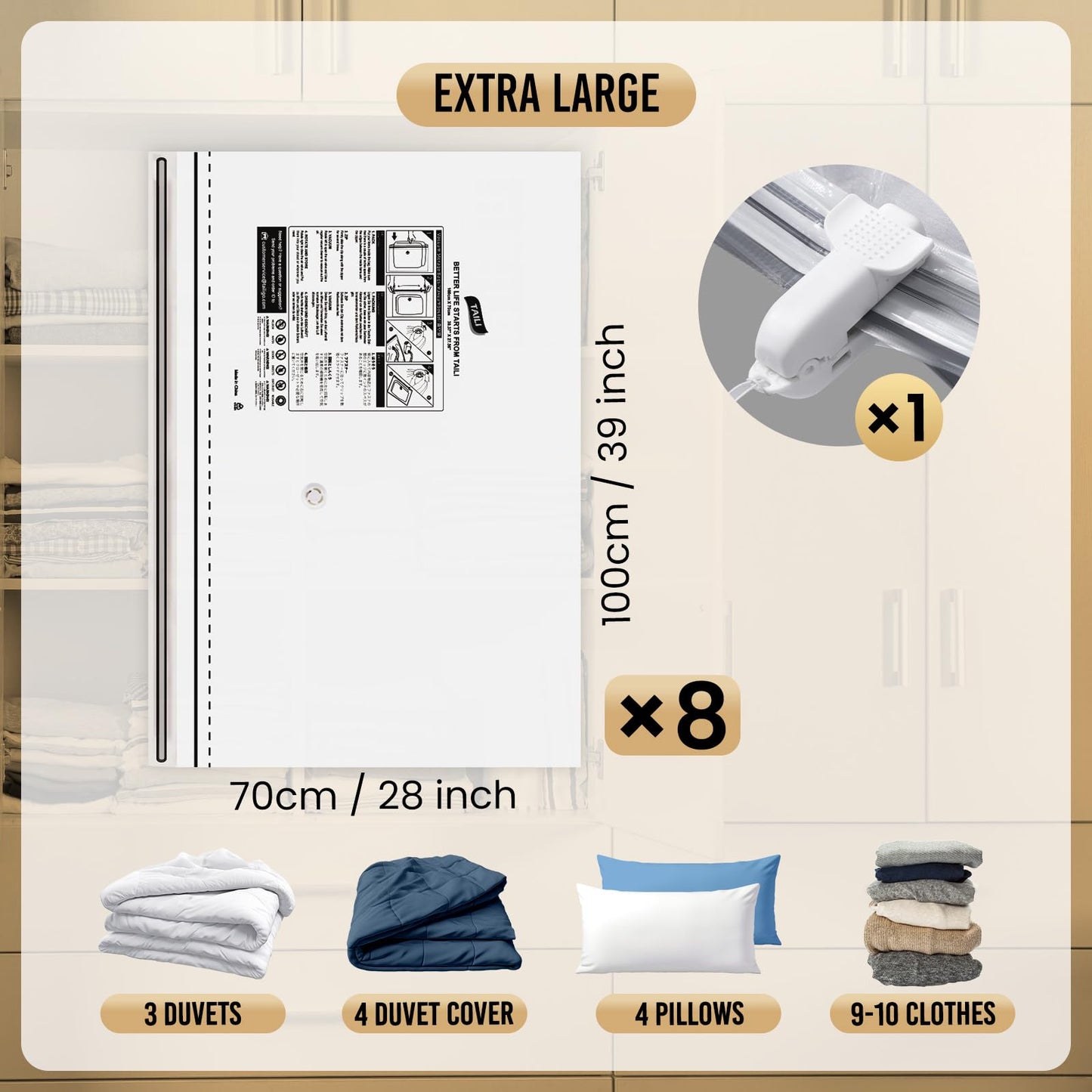 TAILI Vacuum Storage Bags With Long Side Zip 8 Pack, 100x70 CM, Extra Large