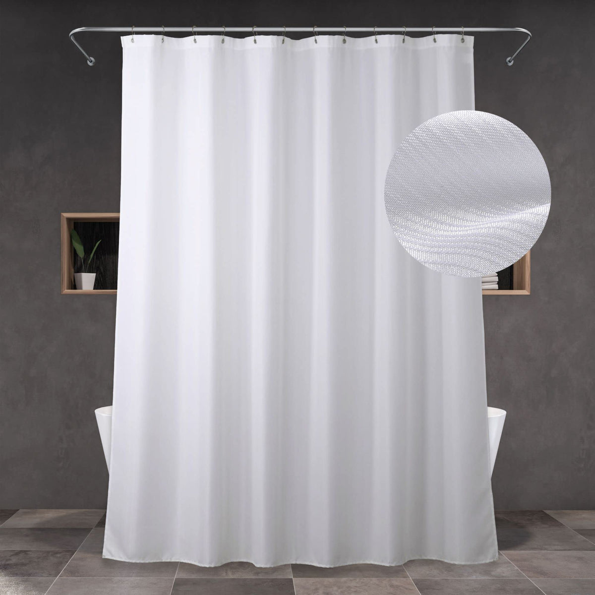 Popkozzi White Fabric Shower Curtain: Linen Textured Water Repellent Washable Light-Weight Polyester Shower Curtains for Bathroom - Solid Simple